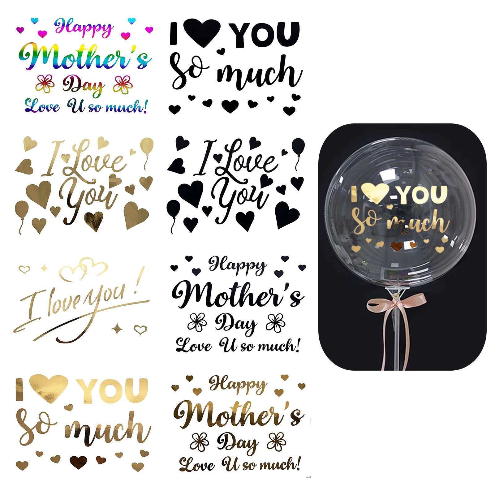 24 Sheets Happy Mother's Day Balloons Stickers, Mother's Day Party Supplies Bobo Balloon Stickers Gift Decoration Decals for DIY Mother's Day School Party Supplies
