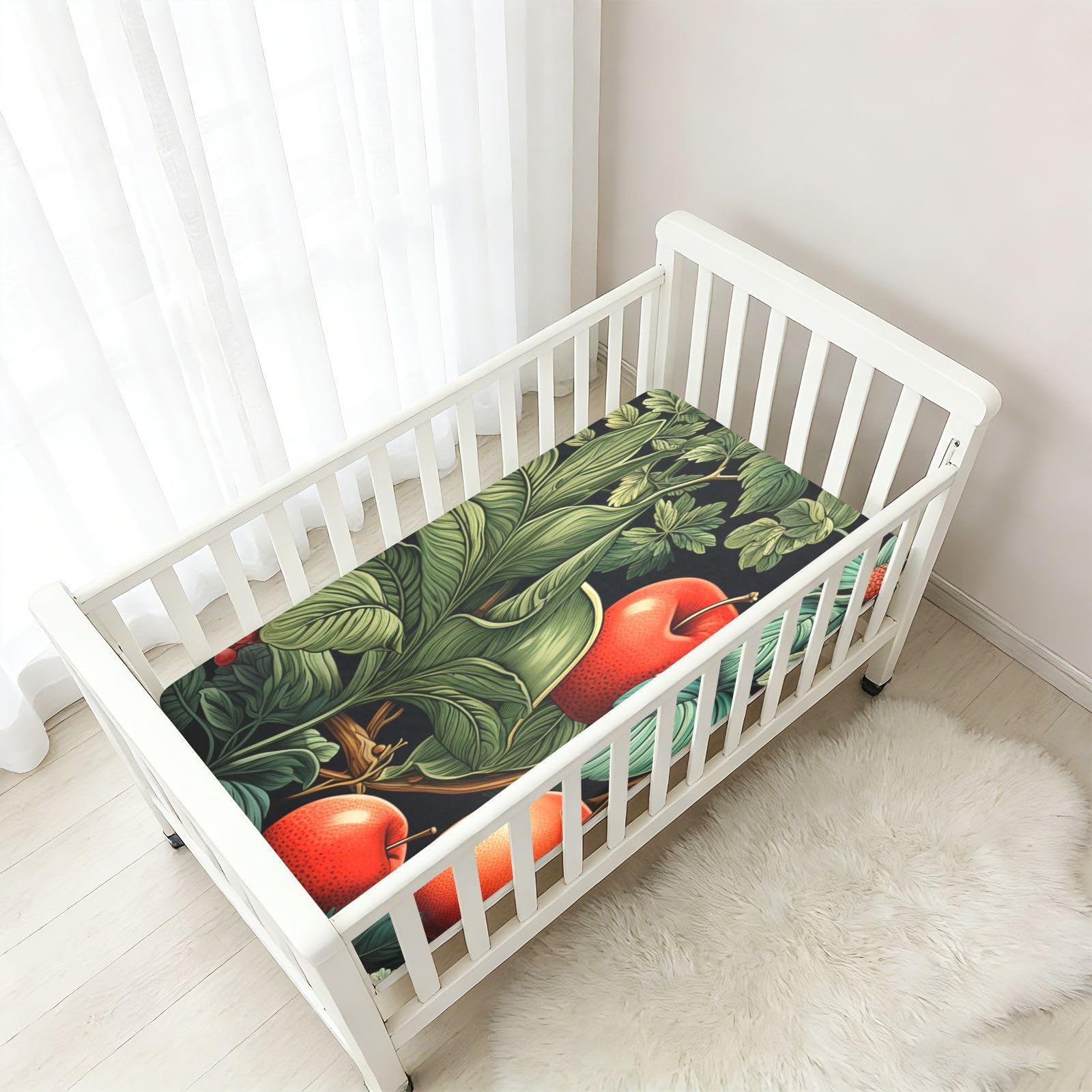 Pomme Rouge Feuilles Vertes Drap Housse pour Lit BéBé en Coton Doux,Adapté au Matelas Parc