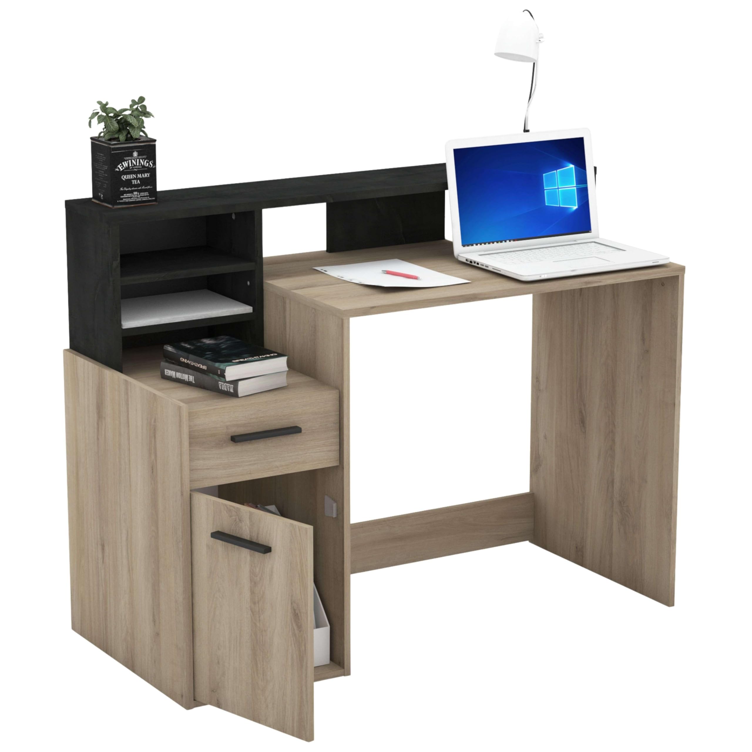 Demeyere - Escritorio pequeño con Almacenamiento de Madera de Roble con 1 Puerta y 1 cajón - Óptimo para Estudiantes - Estilo Industrial - Color Kronberg y Negro Pizarra - Melamina - 127 x 94 x 60 cm