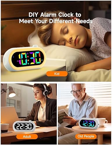 Miniatura 8 de Reloj despertador digital para dormitorios con luz de despertador, colorido reloj de noche alimentado con luz nocturna, alarma dual, 100 dB súper
