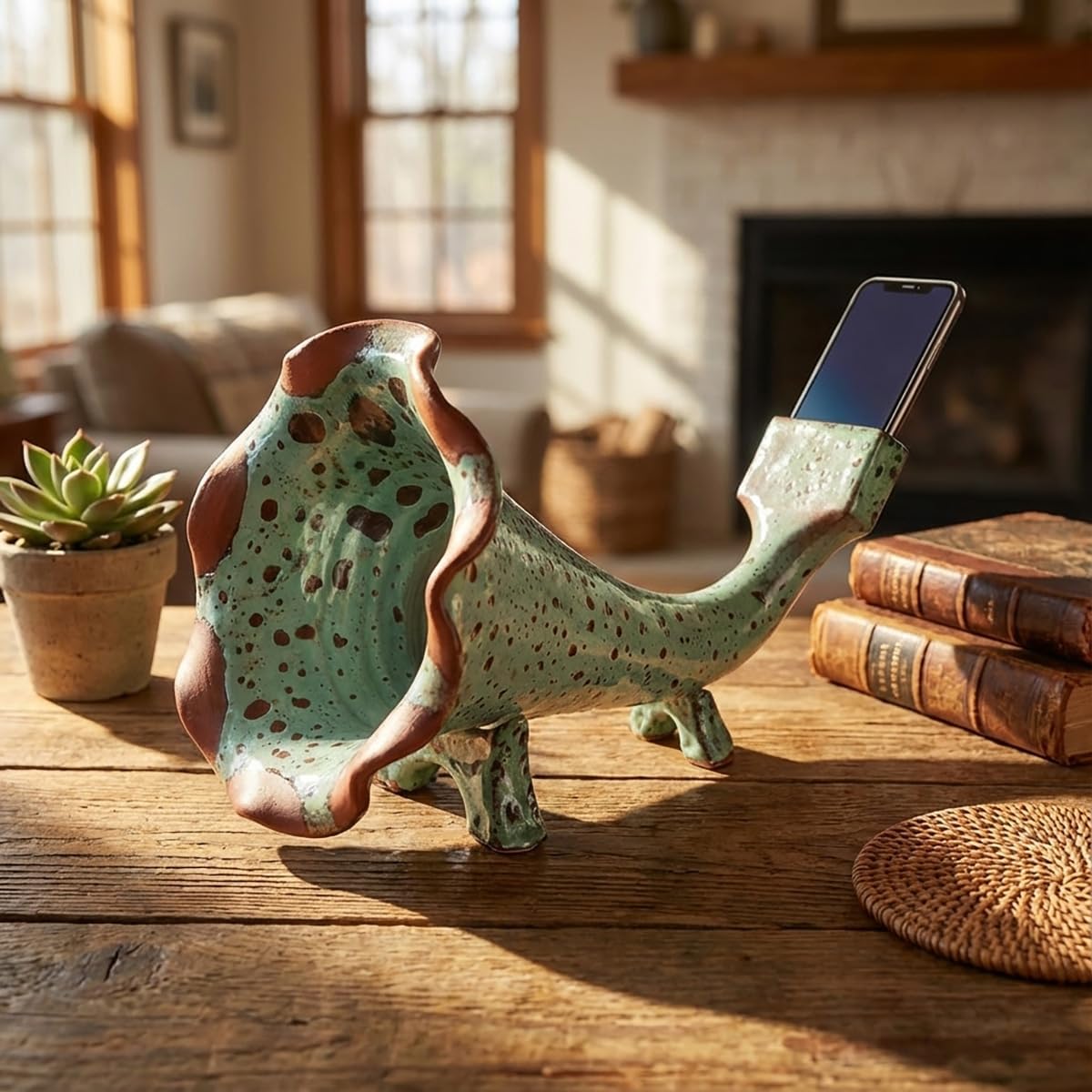 Handmade Ceramic Phone Amplifier – Natural Acoustic Horn-Shaped Speaker Stand, Decorative Home Décor, Unique Gift for Music Lovers, Green Speckled Color