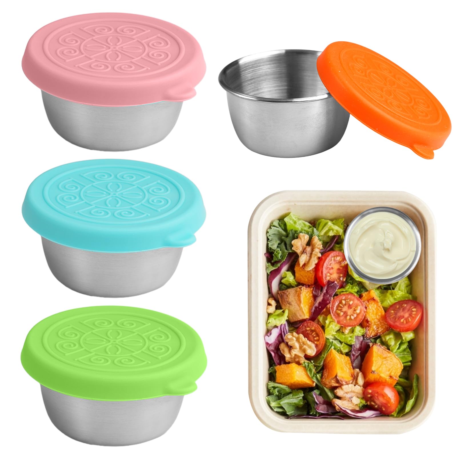 50 ml, piccolo contenitore per insalata in acciaio inox, 5 pezzi, contenitore per spezie di qualità superiore con coperchio in silicone, a prova di perdite, riutilizzabile, mini salsa
