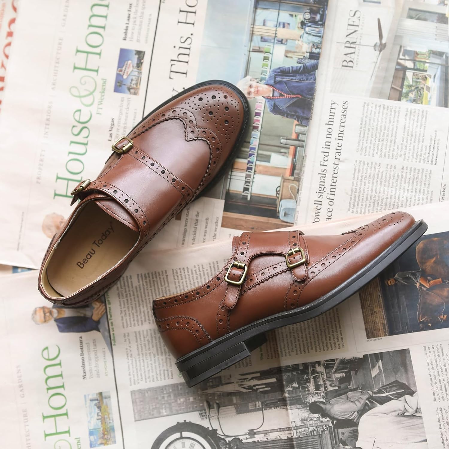 BEAU TODAY Women's Leather Loafers, Monk Strap Womens Oxfords, Comfort Office Business Ladies Casual Shoes, Double Buckles Deign, Brogue Wingtip Slip-on - Image 5