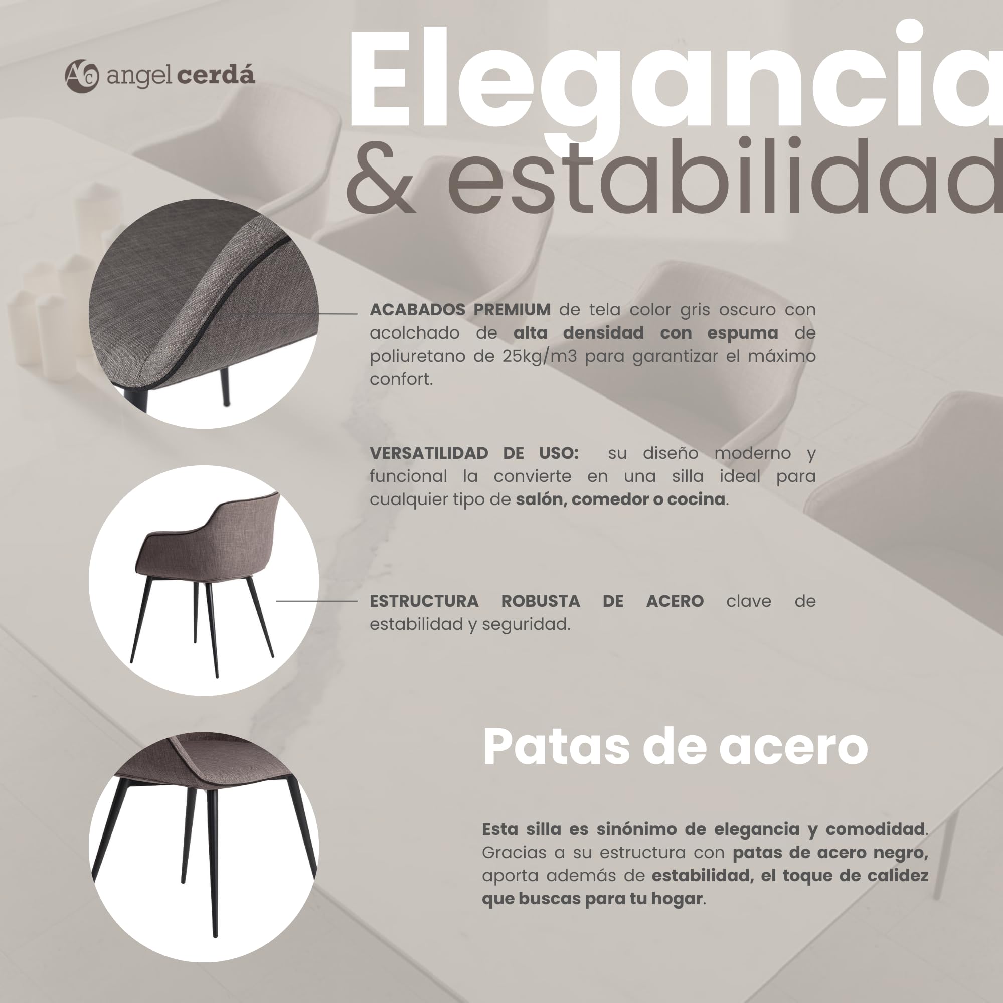 Ángel Cerdá - Silla Comedor Tapizada en Tela Gris con Ribetes Negros - Sillón de Diseño Moderno con Reposabrazos y Patas de Acero Negro - 60 x 59 x 77 cm