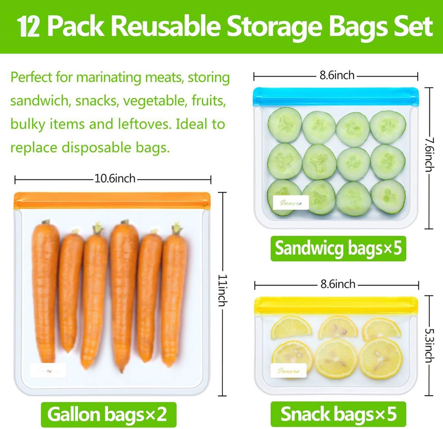 Innora Reusable Storage Bags - Reusable Freezer Bags BPA FREE - 2 Leakproof Reusable Bags + 5 Reusable Sandwich Bags Washable + 5 Reusable Snack Bags - Lunch Bags for Food