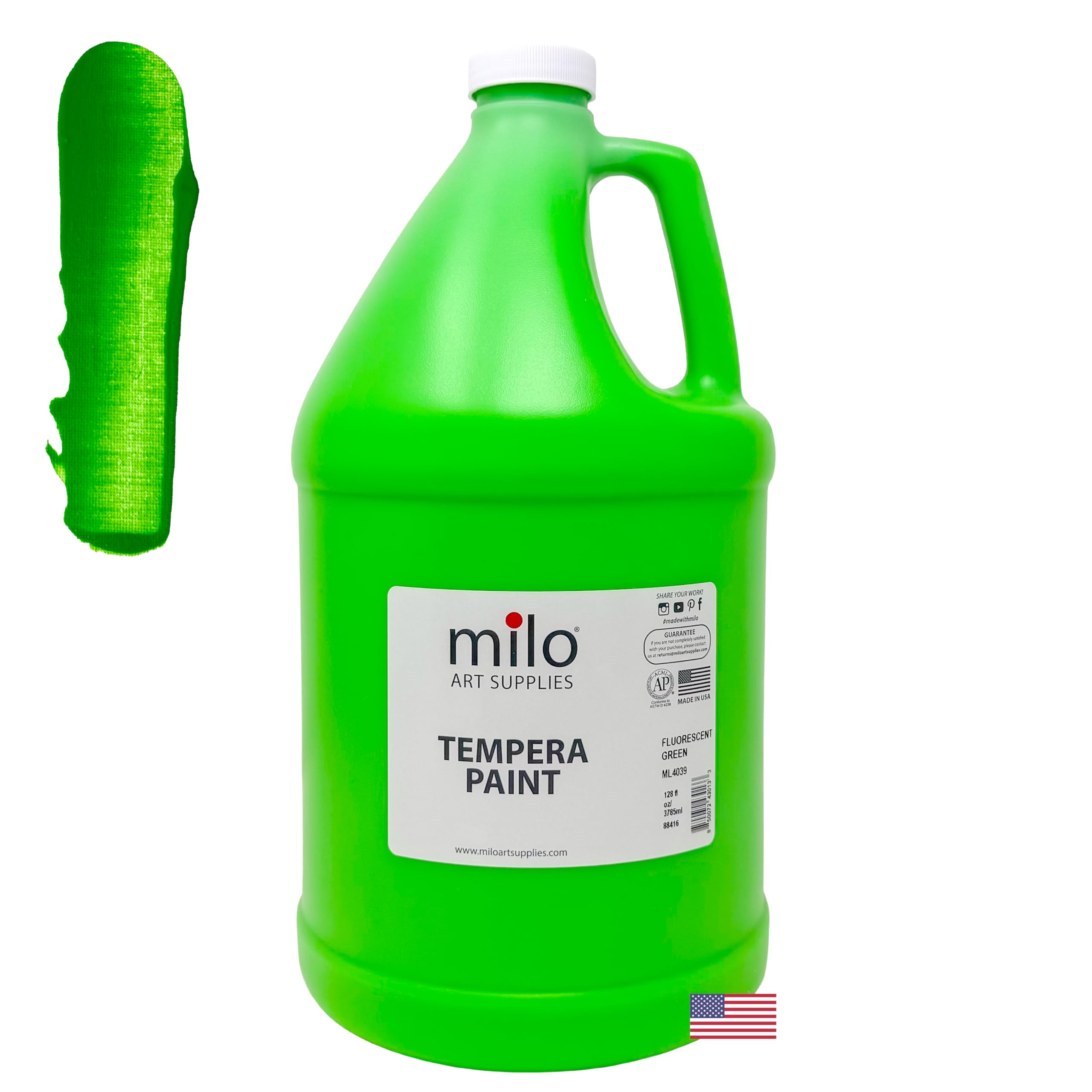 milo Fluorescent Green Neon Tempera Paint | 128 oz Bottle, 1 Gallon | Glows UV in Black Light | Non-Toxic Made in USA | Washable Bulk Art Paint for