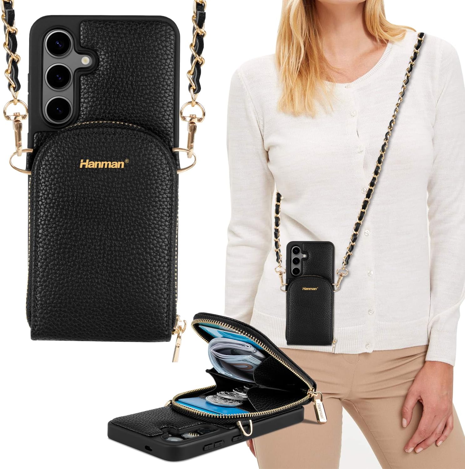 Hanman Crossbody Wallet Case for Galaxy S24, RFID Blocking PU Leather Zipper Handbag Purse Cover, Suitable for Galaxy S24, Leather Wallet Case for Woman & Girls - Beige