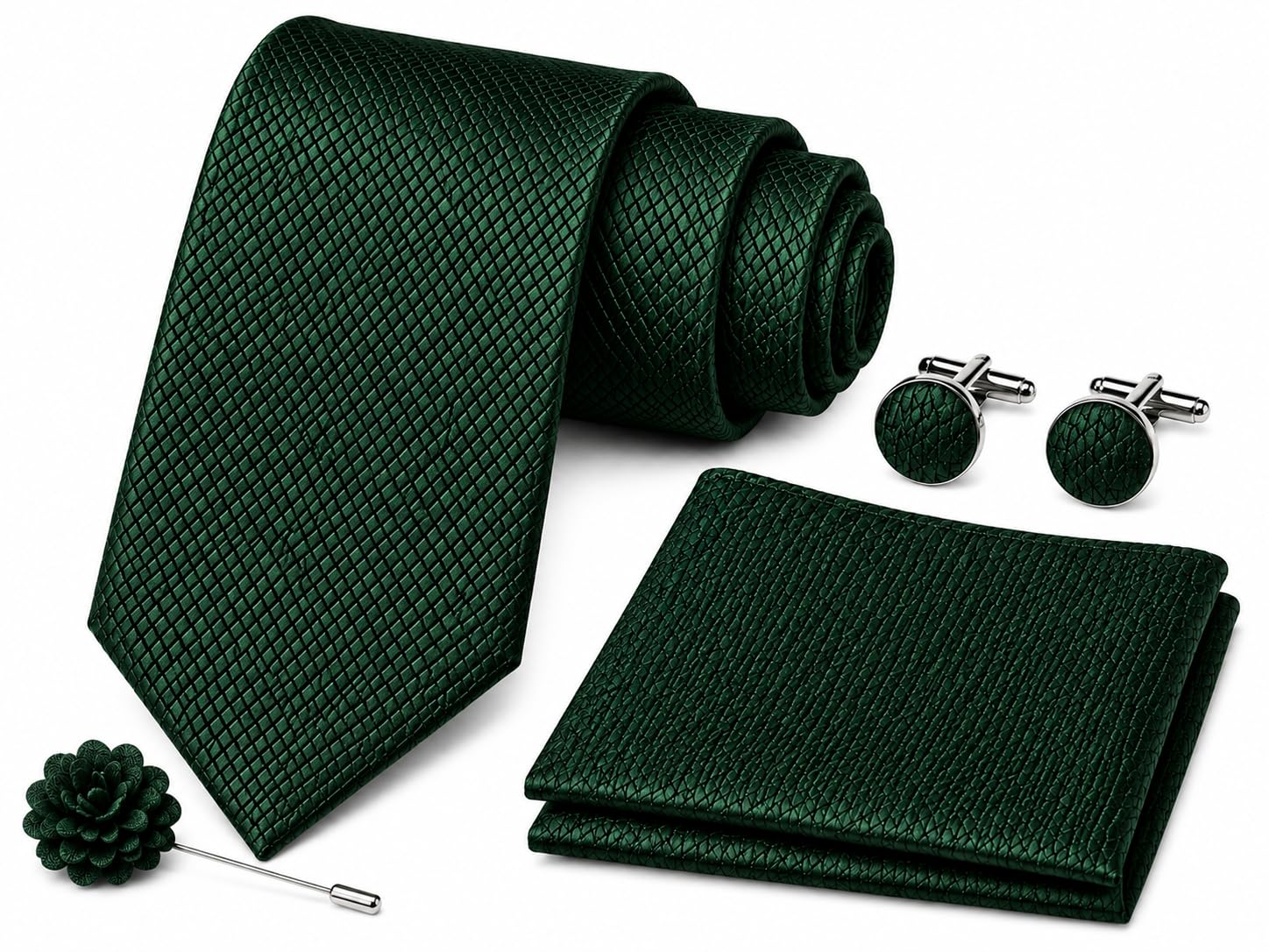 Men's Solid Woven Tie Set with Pocket Square, Cufflinks & Lapel Pin | Premium Microfiber Necktie Gift Set for Wedding, Business, Party & Formal Wear (6 Colors)-image-26