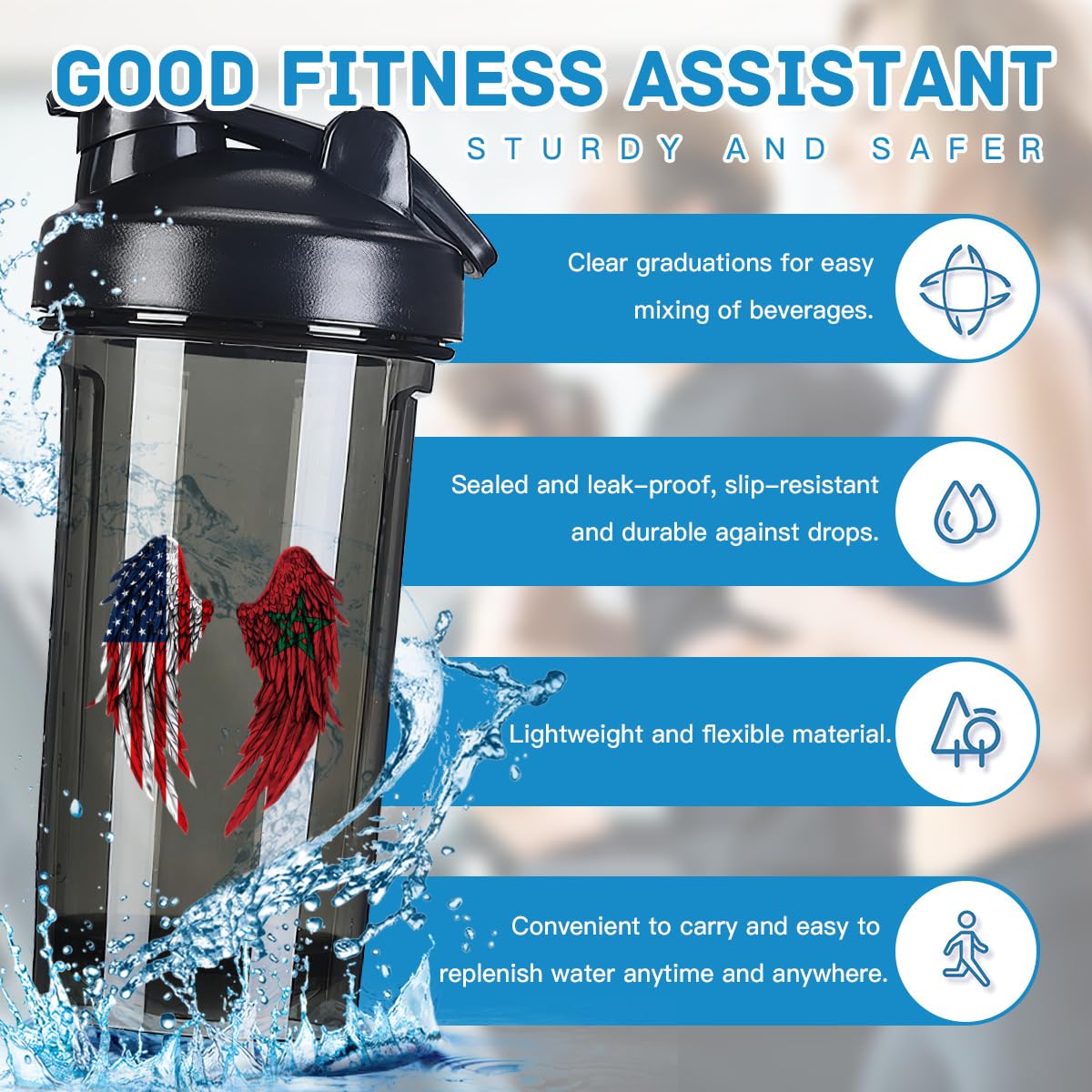 Wings America and Moroccan Flag 18 Ounce Shaker Cup,Fashion Theme Pattern Shaker Bottle Leak-proof Workout Shake Bottles 500ML/18 oz Perfect for Pre Workout