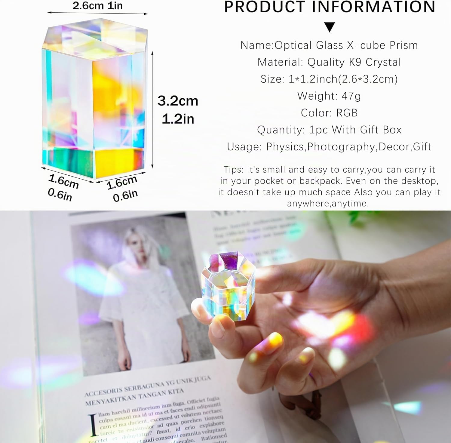 HDCRYSTALGIFTS 1,2-Zoll-RGB-Dispersionsprisma aus optischem Glas „X-Cube“ für den Physikunterricht – Regenbogenprisma, Kristallwürfel, Prisma, Requisiten für die Fotografie
