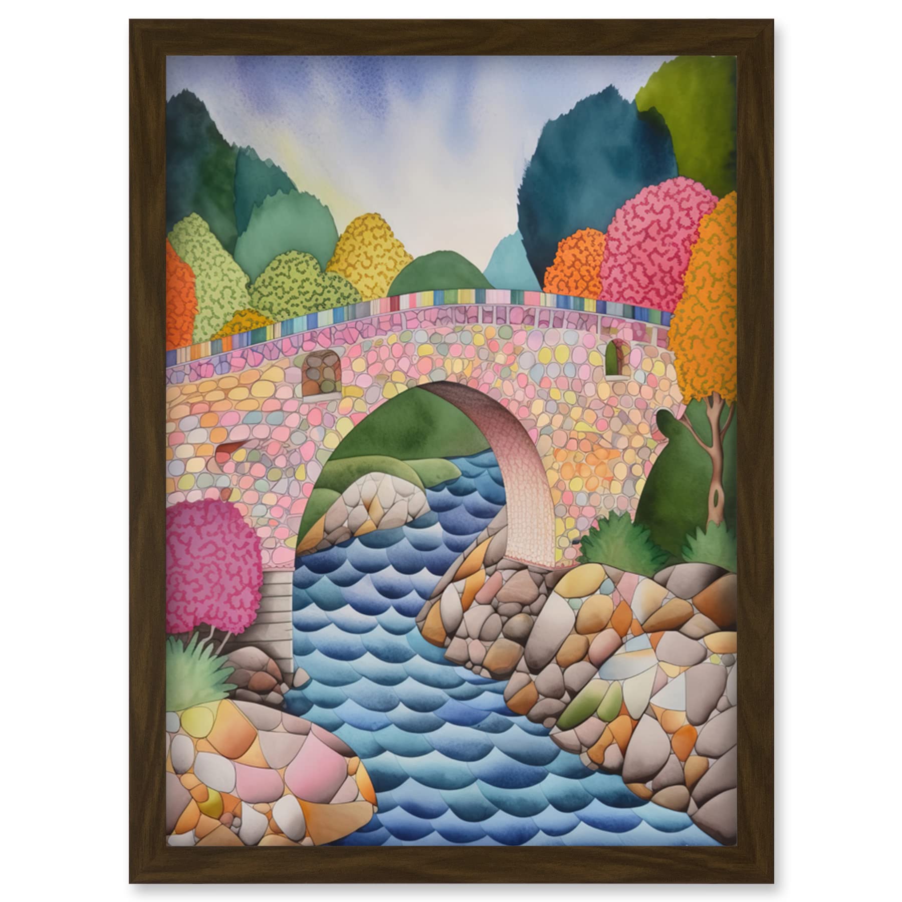 Artery8 Modern Folk Art Countryside Bridge Artwork Framed Wall Art Print A4