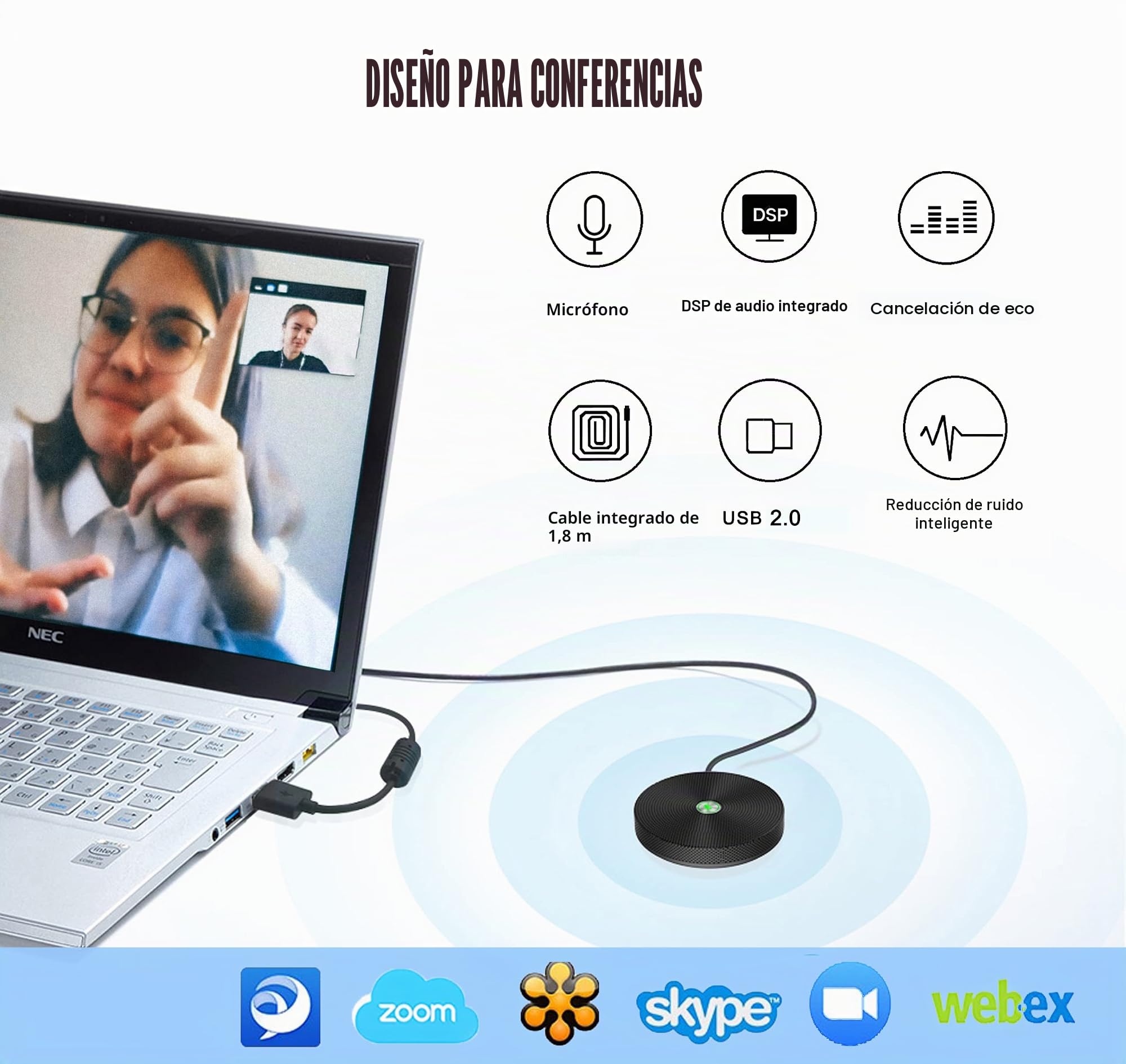 PowerMic, Micrófono de Conferencia USB, micrófono omnidireccional de Metal con cancelación de Eco y Ruido, captación de Voz de 360° a 3 Metros, para Sala de reuniones u Oficina