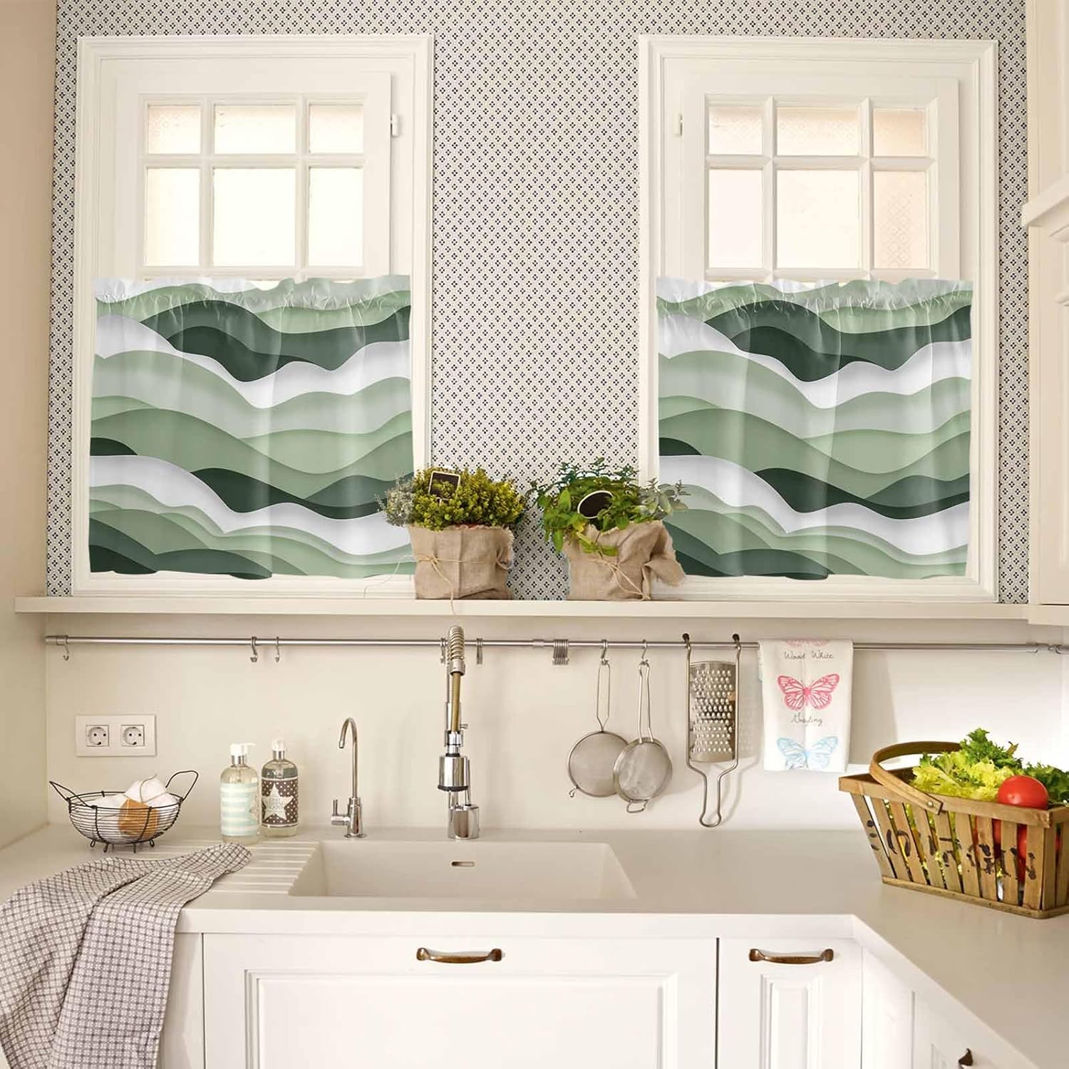 Sage Green Curtain Tier Valance Set, Abstract Geometric Modern Aesthetic Short Rod Pocket Light Filtering Window Treatment Small Curtain, Drapes Decor for Kitchen Living Bedroom 54"x24", 3 Panel