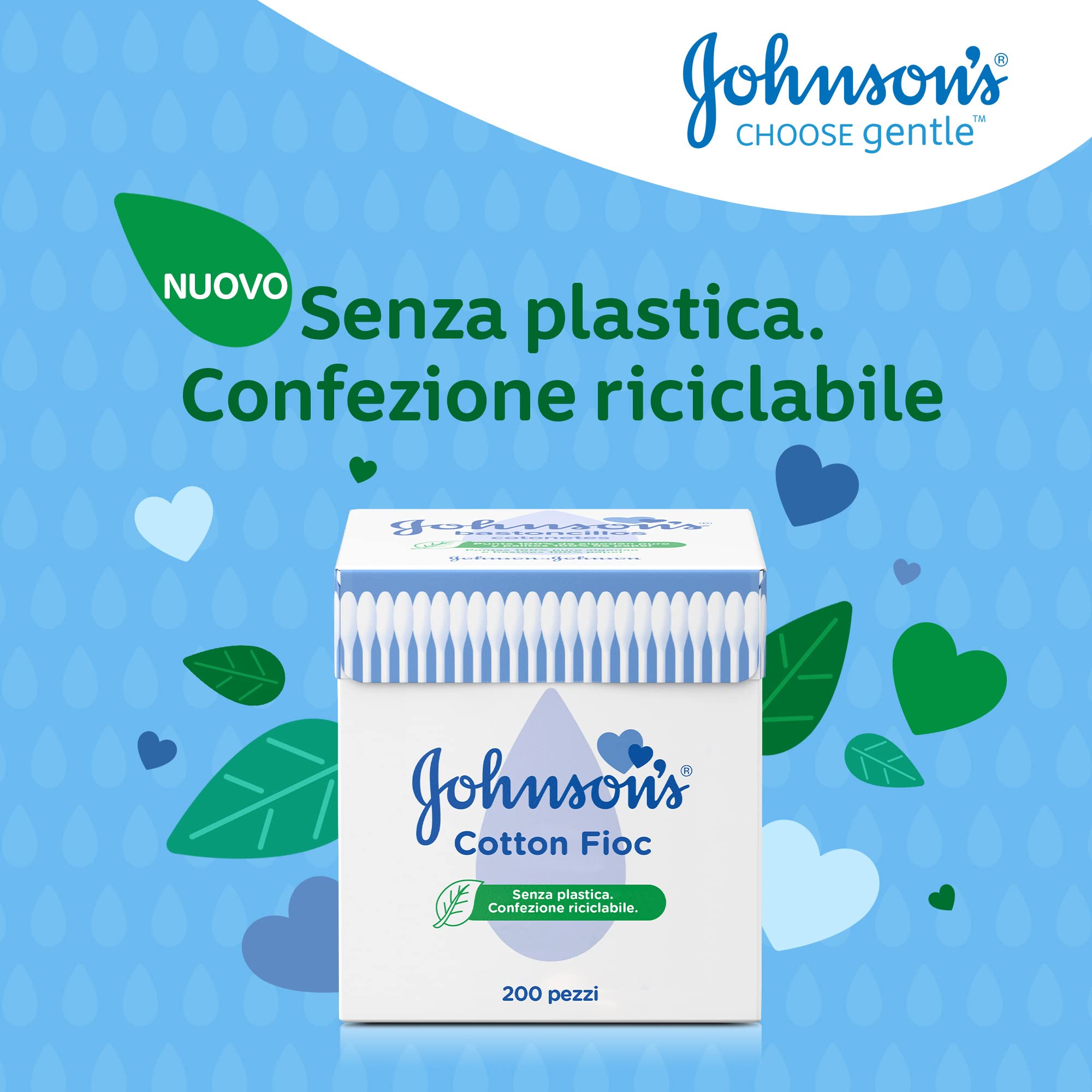 Johnson's Baby Cotton Fioc 200 Pezzi, Cotton fioc neonato e adulto morbidi e delicati, Bastoncini in carta e cotone ipoallergenici per la pulizia orecchie e contorno occhi e per il trucco
