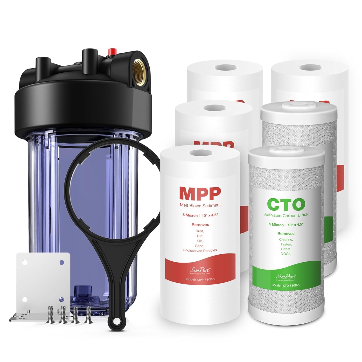 SimPure DB10C Filter Housing with 10" x 4.5" PP Sediment and CTO Carbon 5 Micron Filters