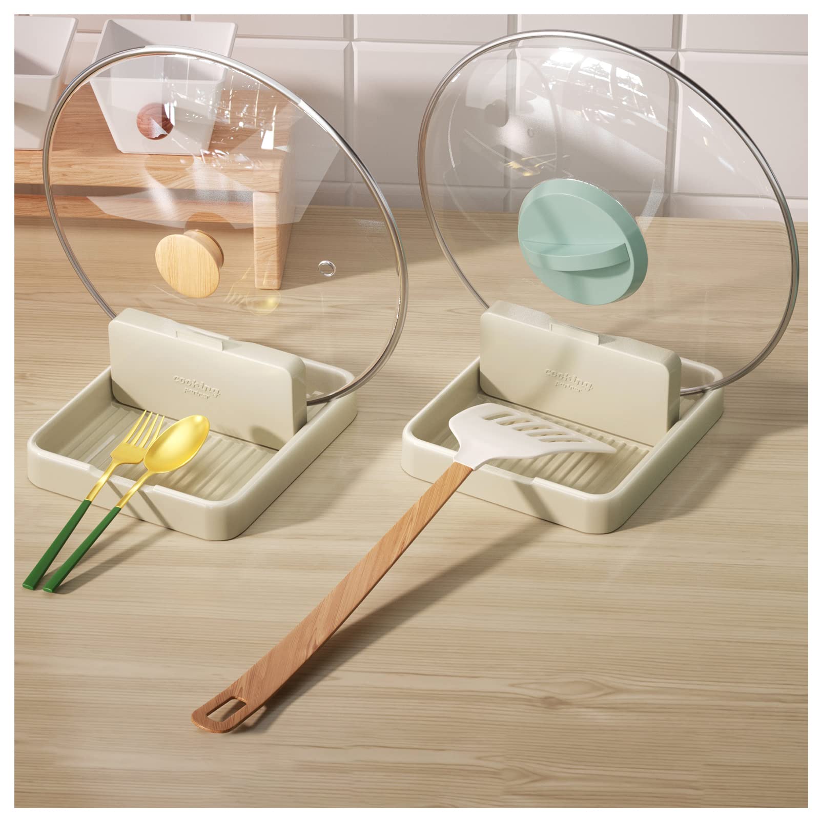 Spoon Rest with Pot Lid Holder for Kitchen Counter, Spatula Spoon Fork Holder for Cooking, Ladle Pot Lid Holder with Spoon Rest Suitable for Different Sizes of Pot Lids & Spoons (White 2 Pack)