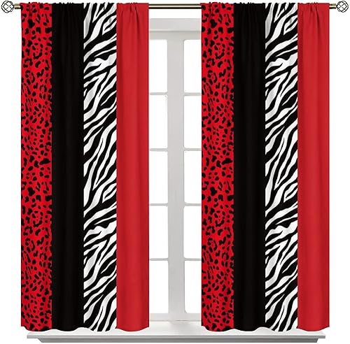 Miniatura 2 de Cortinas rojas y negras con estampado animal de leopardo y cebra, cortinas con aislamiento térmico, 2 paneles, oscurecimiento de la habitación para