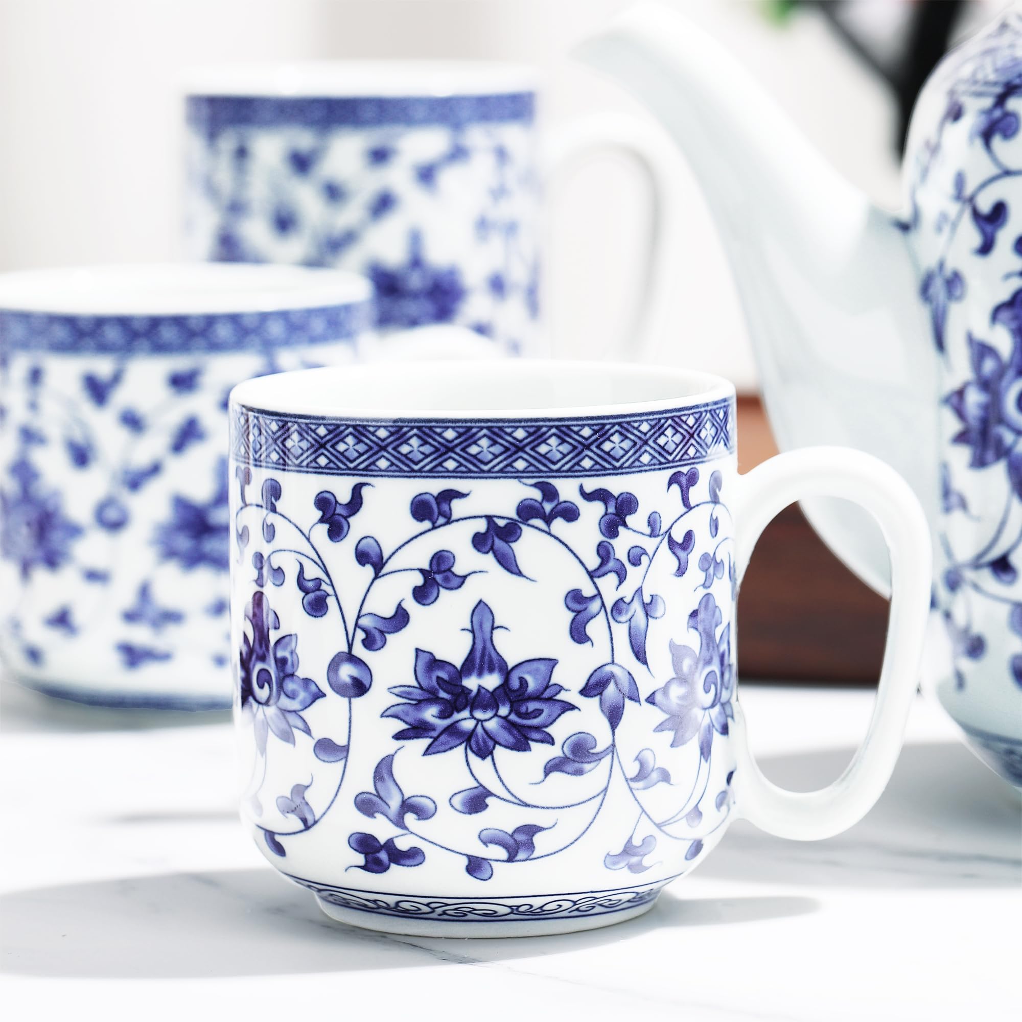 Fanquare Juego de Té Azul y Blanco - Tetera de Porcelana Floral Con Infusor, 6 Tazas - Juego Chino Para Adultos, Regalo