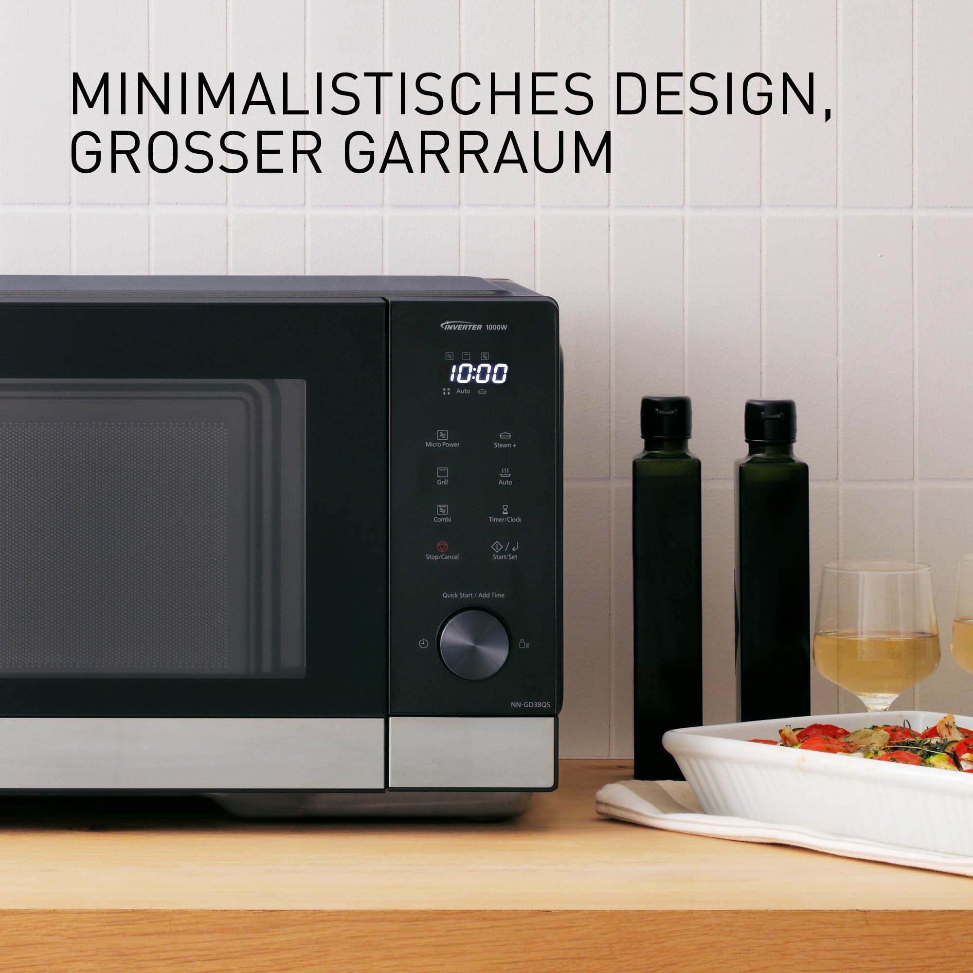 Panasonic NN-GD38QSEPG 29L Grill-Mikrowelle mit Steam+ Pot, 1000 W, automatisches Auftauen, Kombinationsgaren, Timer, Schwarz & Edelstahl