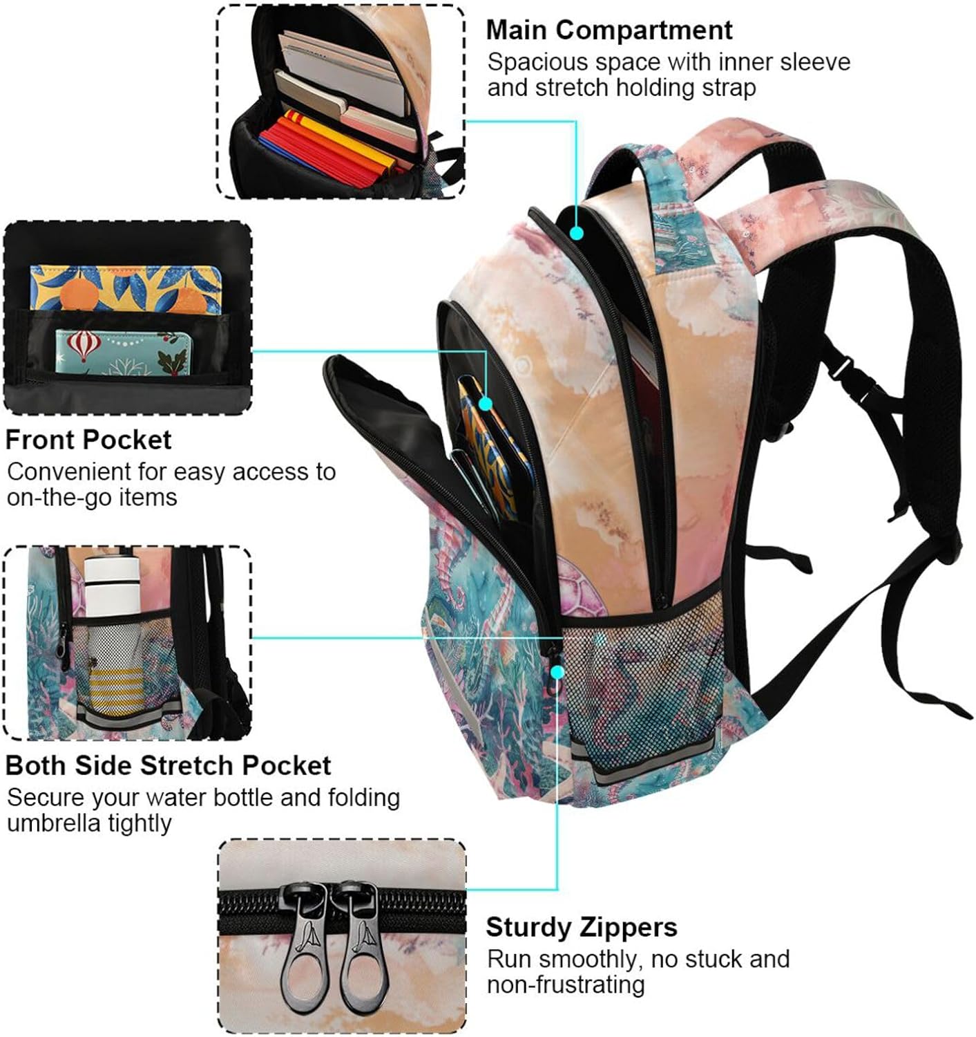 Backpack for Students Boys Girls Seahorses Turtle Watercolor School Bag Travel Daypack Rucksack - Image 7