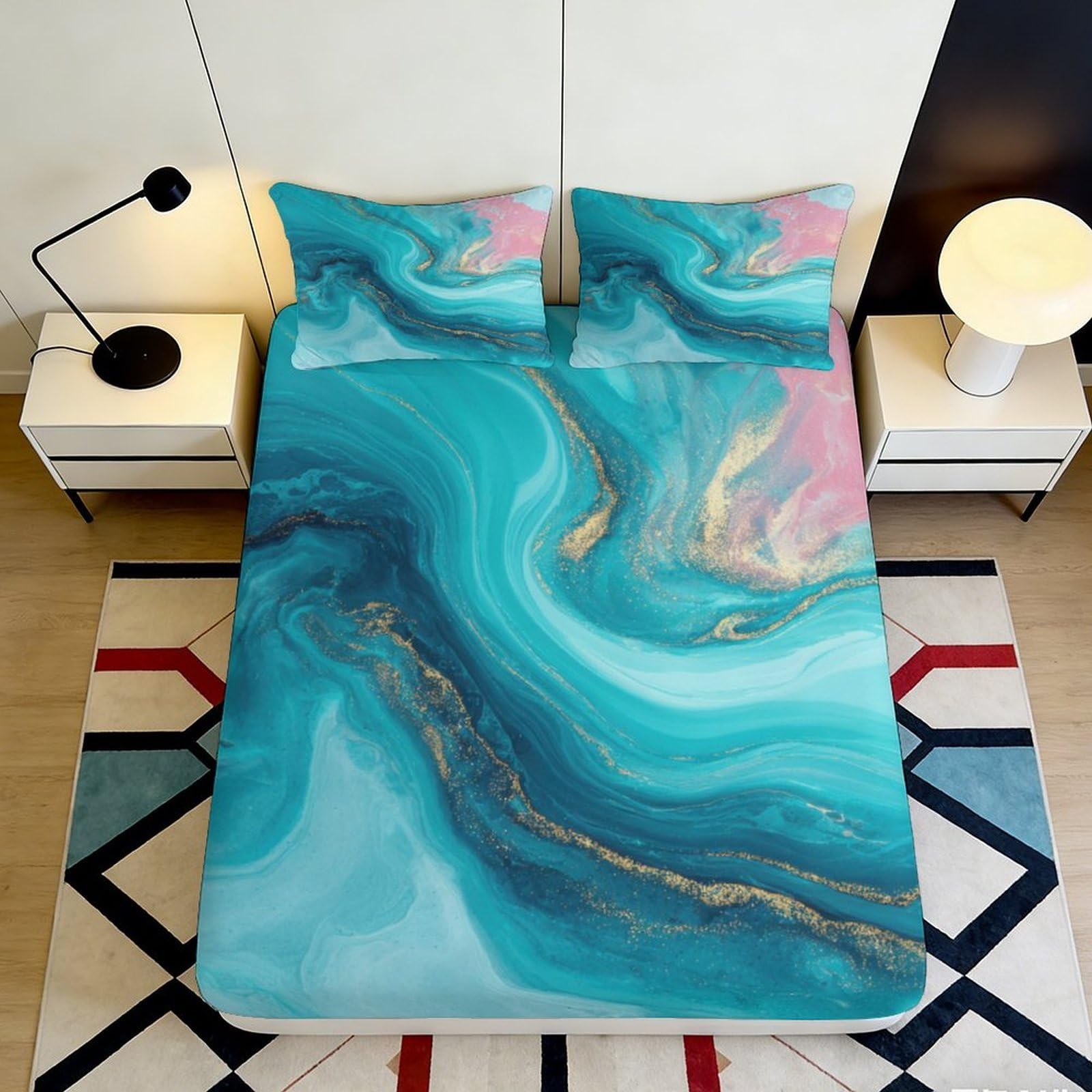 3D Printed Turquoise Marble Fitted Sheet Microfiber Soft Durable Blue Swirl Bed Cover for Bedroom Dormitory Guest Room Mattress Protection Decor 160x200x25cm