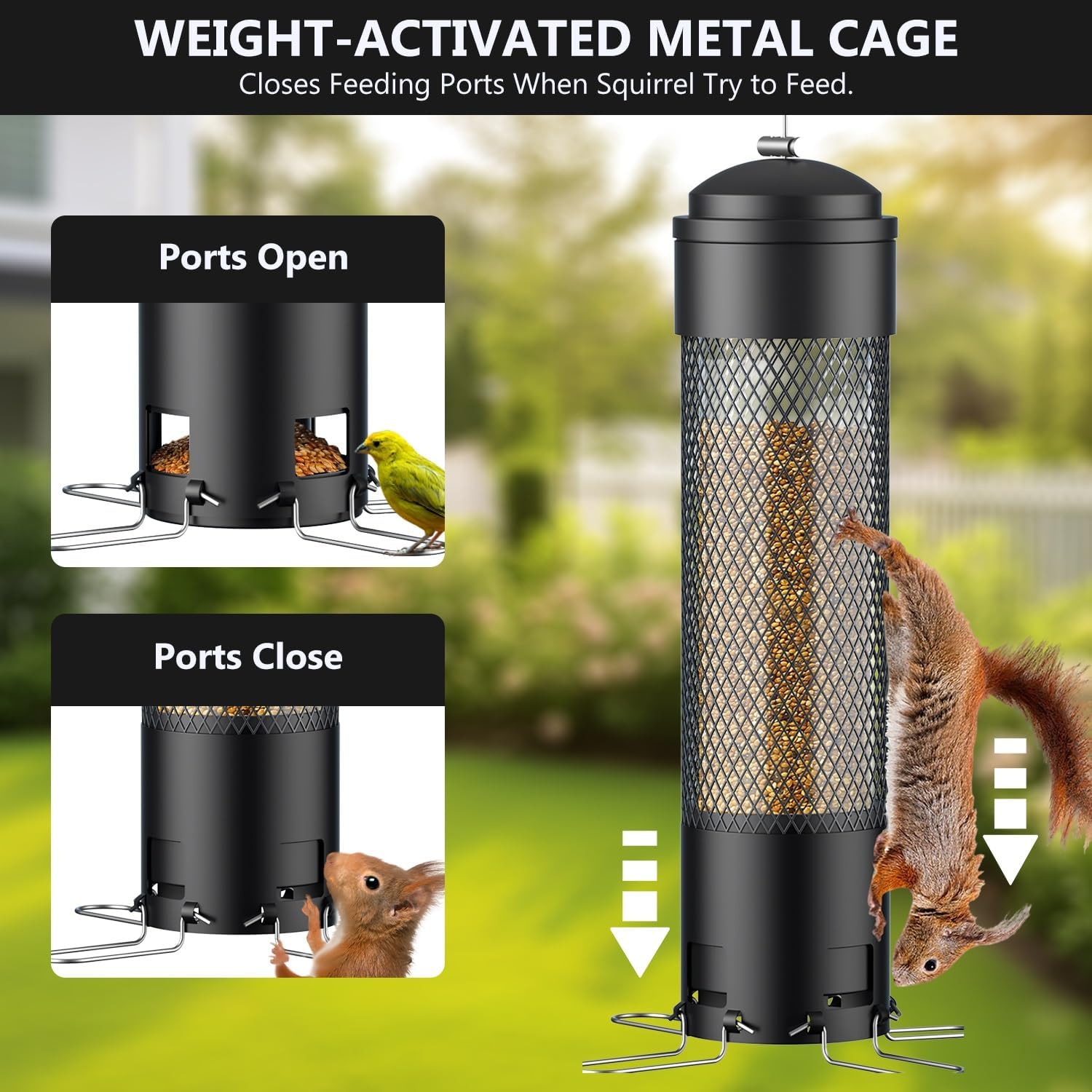 LCSEVEN Bird Feeders for Outdoors Squirrel Proof with Weight-Activated Perches, Hanging Bird Feeder for Outside, Metal Feeder for Wild Cardinal, Finch, Blue Jay, Chickadee, 3.6LB Seed Capacity, Black