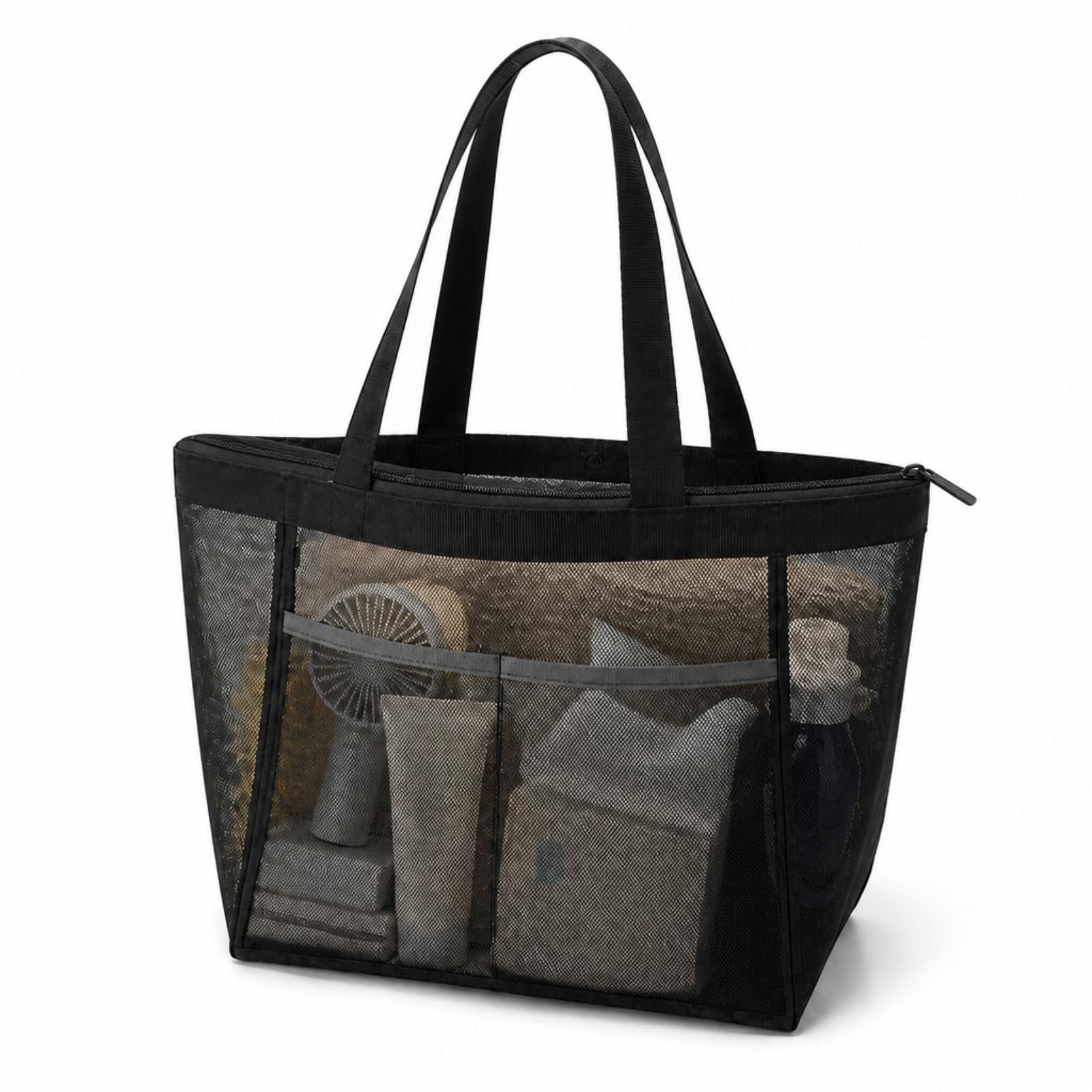 Mesh Tote Bag with Zipper Zippered Mesh Tote with Pockets Lightweight for Beach, Pool, Fitness Black Zipper-image-36