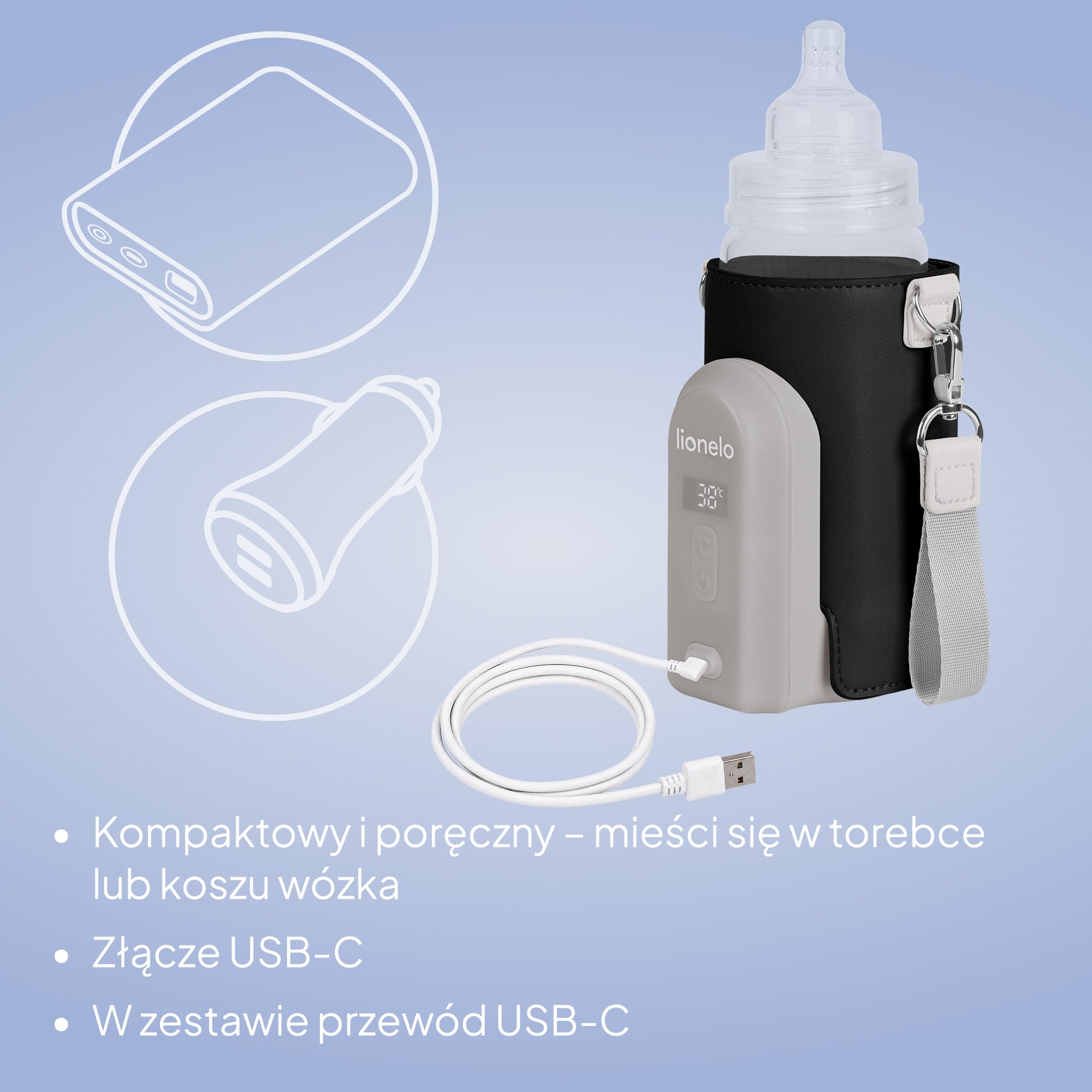 Lionelo Thermup Go Evo Zaawansowany przenośny podgrzewacz do butelek z baterią USB-C 9 godz., wyświetlacz LCD, 5 ustawień temperatury 38-50°C, pasuje do butelek 50-80 mm, kompatybilny z ładowarką