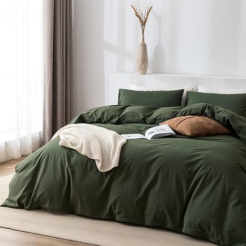 Miniatura 5 de Juego de funda de edredón tamaño Queen, 100% algodón lavado, 3 piezas, suave, cómodo, transpirable, elegante, ropa de cama de tacto de lino, 1 funda