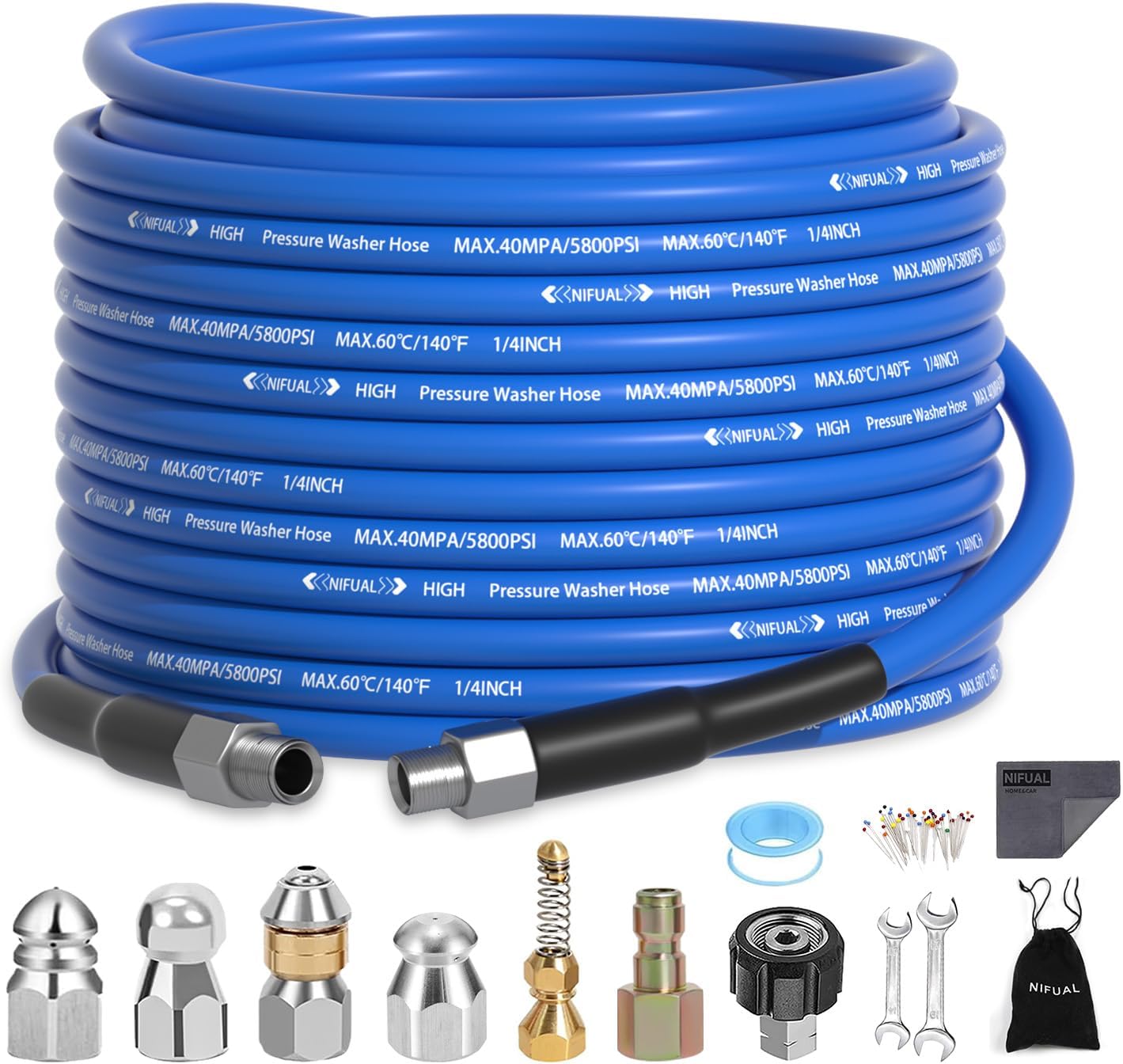 NIFUAL Pressure Washer Cleaning Kit Sewer Jetter Kit for 1/4 Inch NPT Corner Max Working Pressure Drain Cleaner Hose 5800 PSI Durable Sewer Blasting Hose 5 Sewer Blasting Nozzles…（50FT）