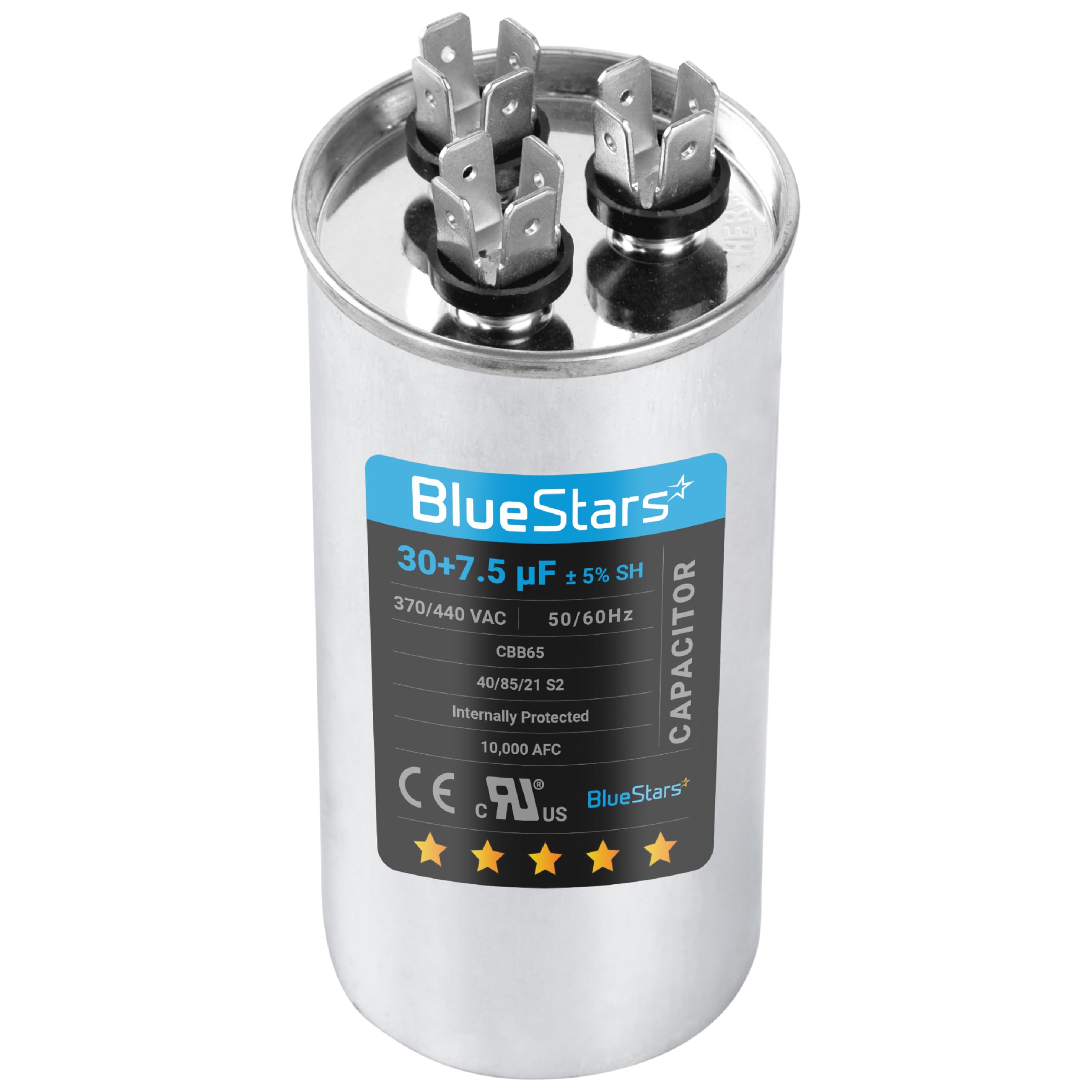 BlueStars30+7.5 uF ±5% 30/7.5 MFD 370/440 VAC Dual Run Start Round Capacitor 50/60Hz 10000AFC for Condenser Straight Cool or Heat Pump Air Conditioner or AC Motor and Fan Starting