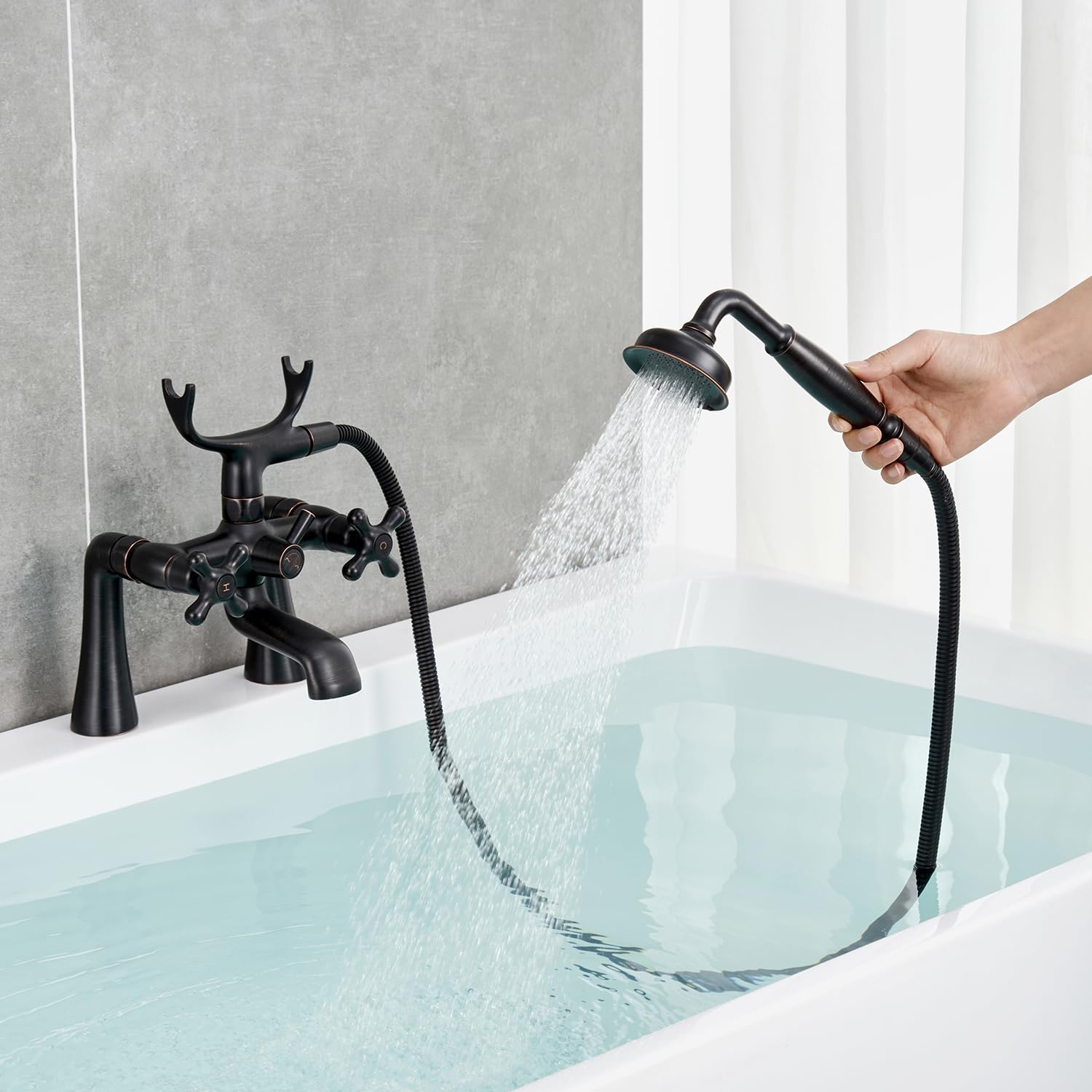 Clawfoot Badewannen-Armatur – Wandmontage, ölgebrontzt, Mit Telefon-Handbrause & Wasserfall-Auslauf, Messing