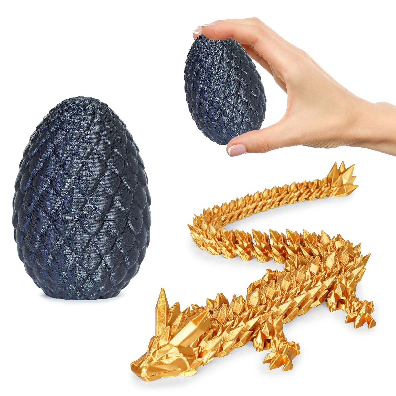 Olee Odee Dragon Egg with Dragon Inside 3D Printed Surprise Toys for Kids Adults Gifts Christmas Stocking Fillers Easter Desk Toy Office Room Decor, Shiny Black, S (H:3.9 in / 10cm)