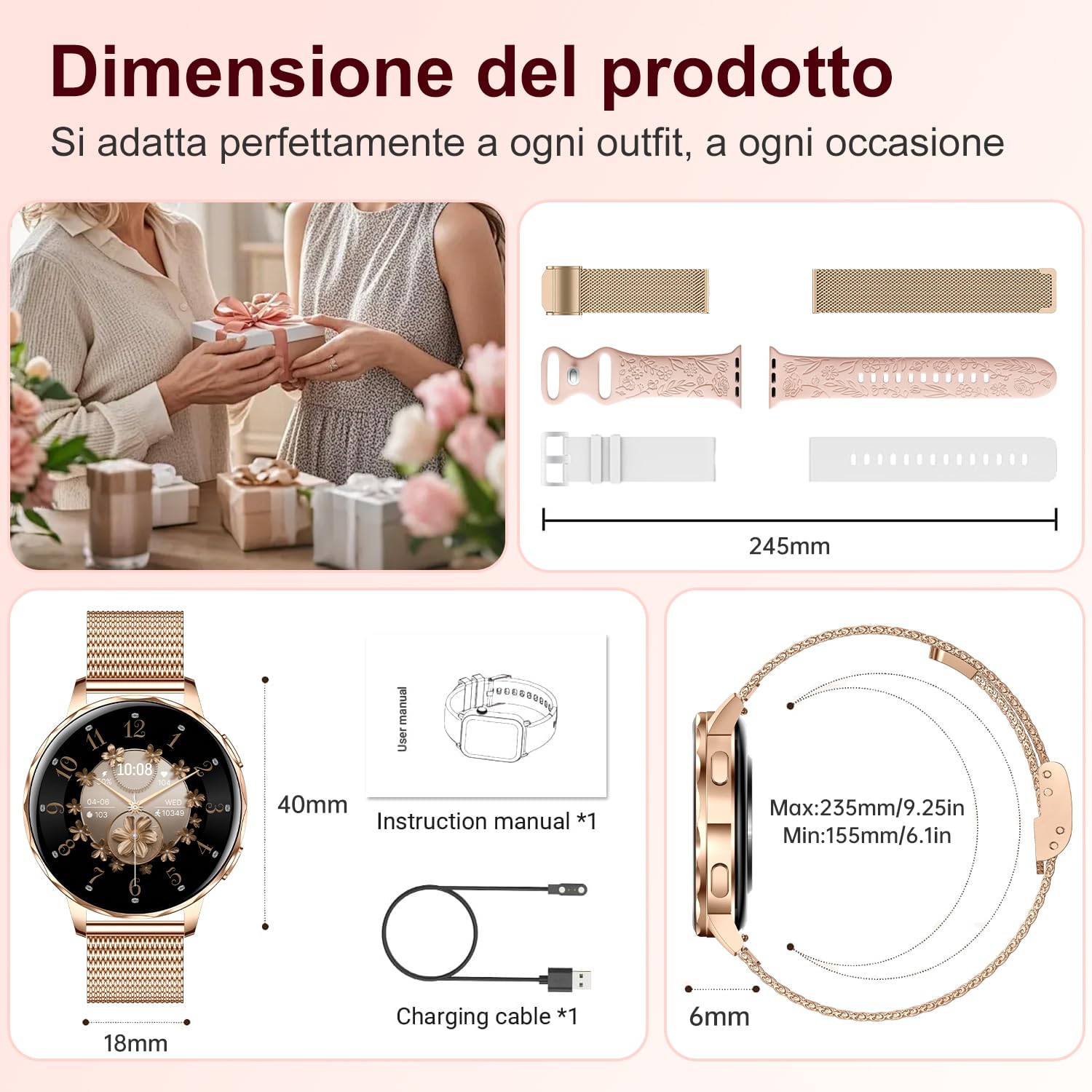 Smartwatch Donna Chiamate Bluetooth,3 Cinturini,1.27" 3D Curvo Schermo Orologio Donna Smartwatch,HR/Passi/Calorie/Pressione/Sonno Monitor,120 Sportiva IP68 per Android & iOS,Rosa oro