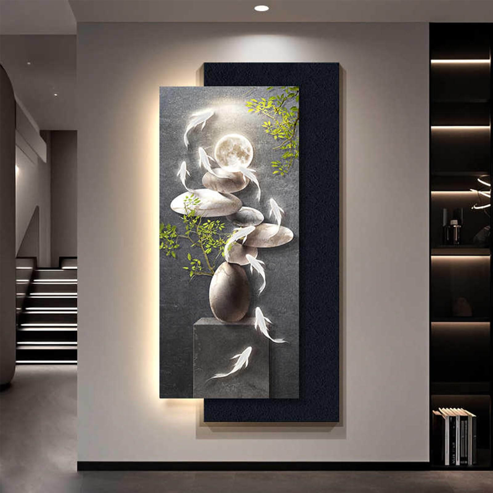3D Fish Wall Sculpture Painting Decoration with Light, LED Light Decor Wall Art, Sandstone Stone Decors Walls Sculptures 3D Art for Living Room Entrance Office(A,40 * 80cm)