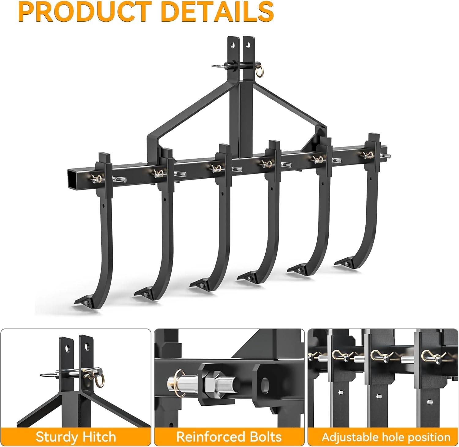 YINTATECH Heavy-Duty 3 Point Chisel Plow Scarifier, Plow Scarifier Implement, Detachable Cultivator with 6 Scarifier Shank, 3 Point Scarifier for CAT-1, Black