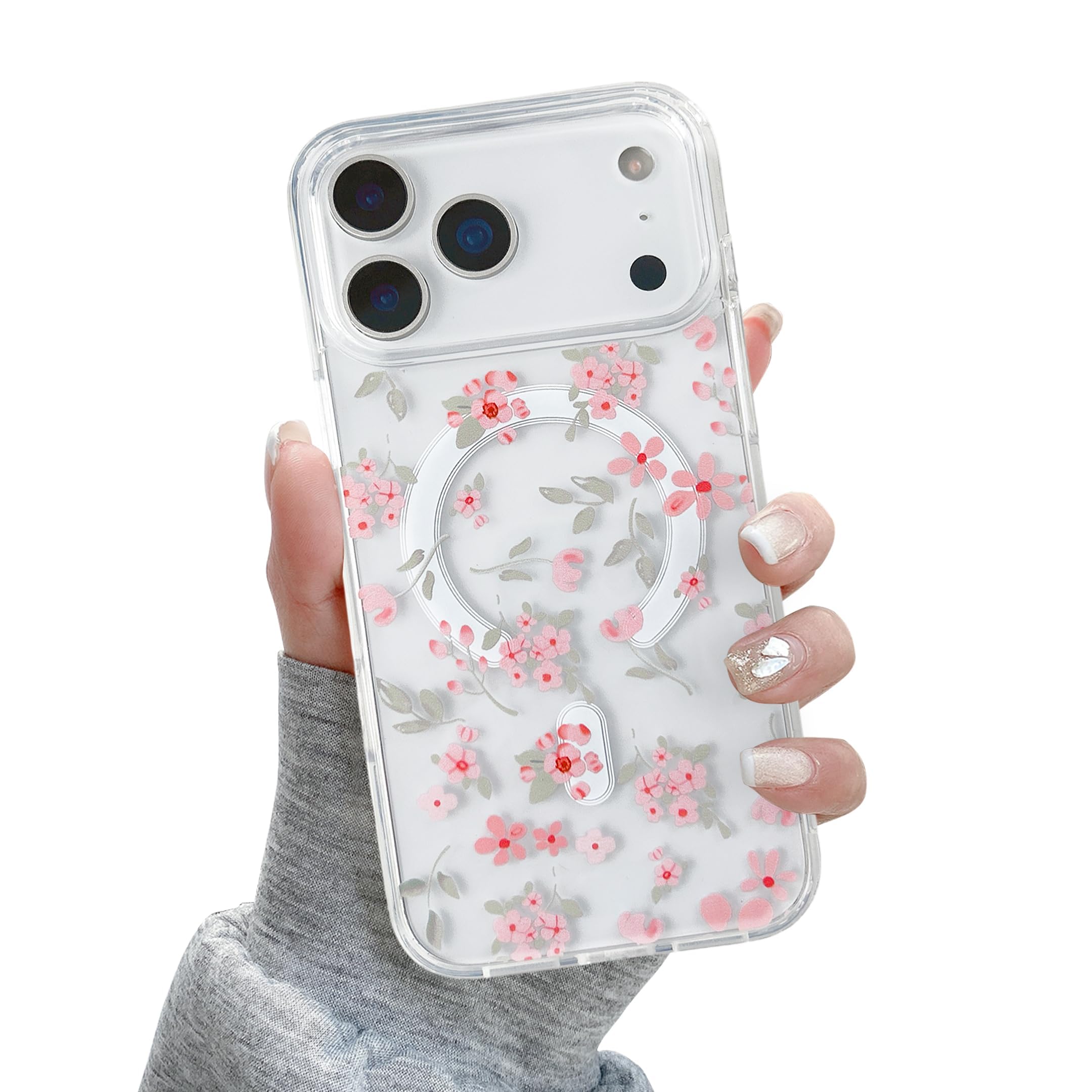 QLTYPRI Magnetic for iPhone 17 Pro Max Case Compatible with Magsafe, Cute Floral Flower Aesthetic Phone Case Slim Clear Anti-Yellowing Shockproof Phone Cover for Girls Women - Pink