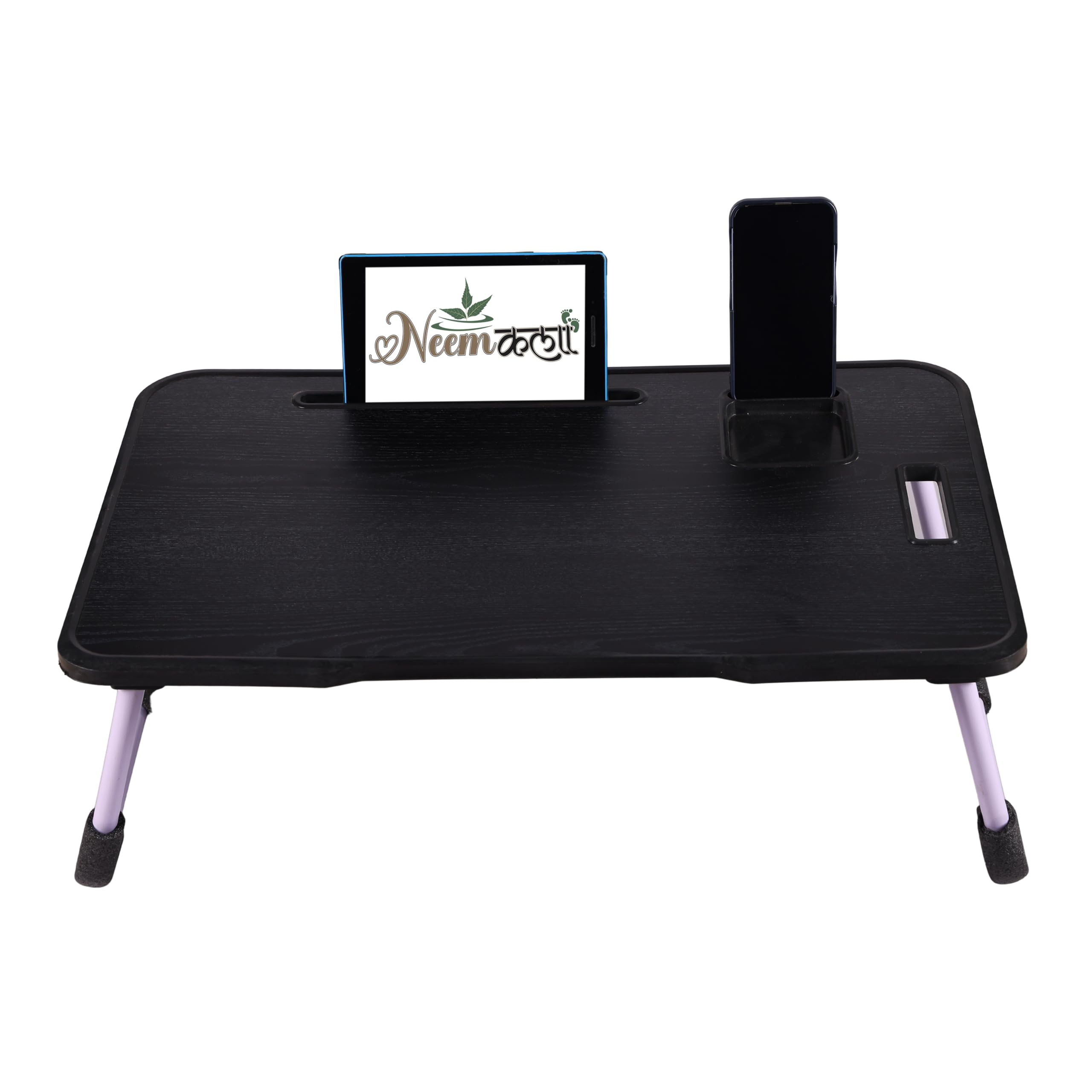 Wood Smart Multipurpose Foldable Laptop Table with Cup Holder, Study Table, Bed Table, Breakfast Table, Portable,Ergonomic & Rounded Edges/Non-Slip Legs (New Black)