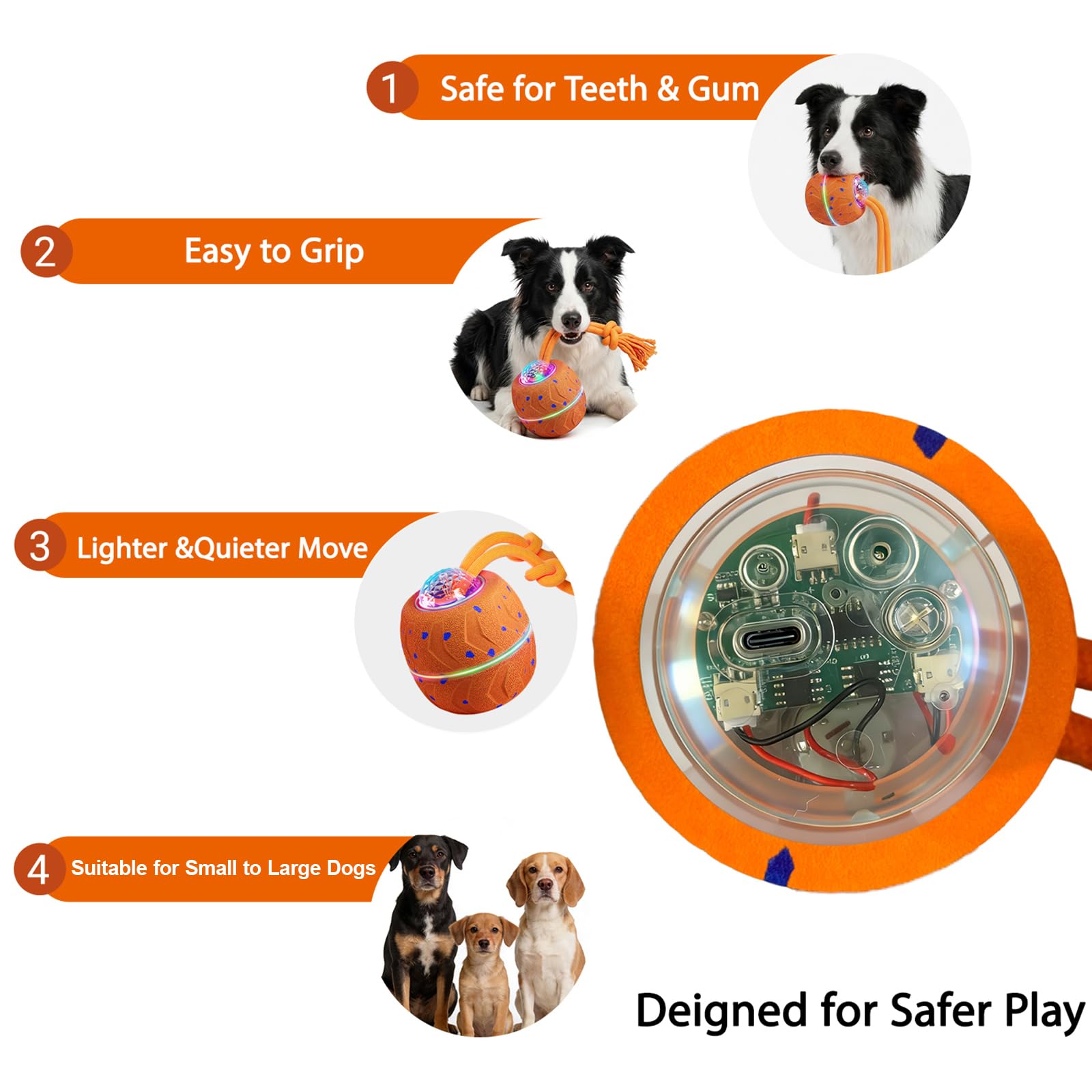 Palla giocattolo interattiva per cani, palla elettrica per cani con corda e urlo per cani, ricaricabile con USB-C e luce LED, giocattolo intelligente per cani con 3 modalità di gioco, adatto per cani