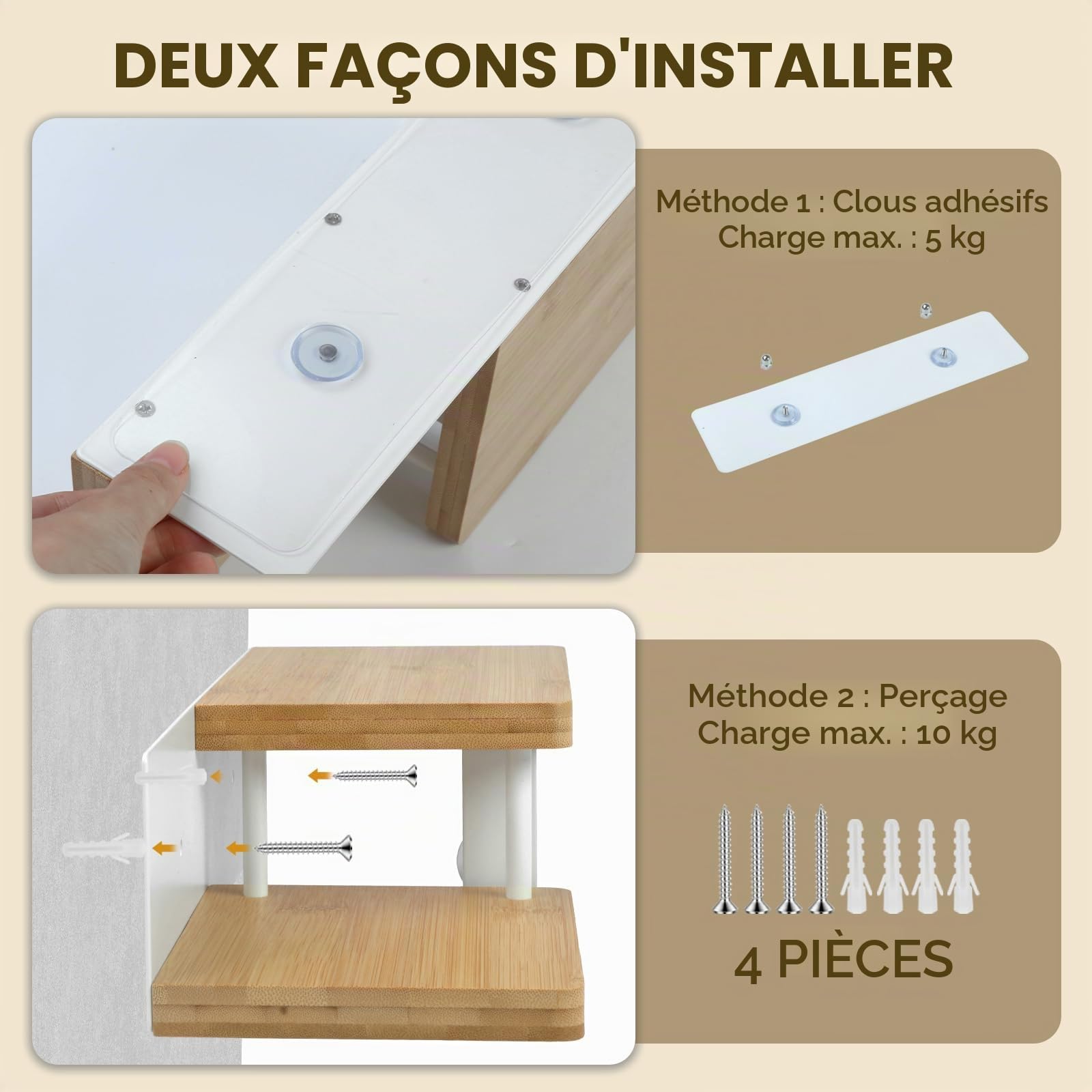 Porte-Rouleau de Papier Toilette en Bambou avec étagère | Adhésif ou à Visser | Blanc pour Salle de Bain, Cuisine & Toilettes | 30×12×8 cm