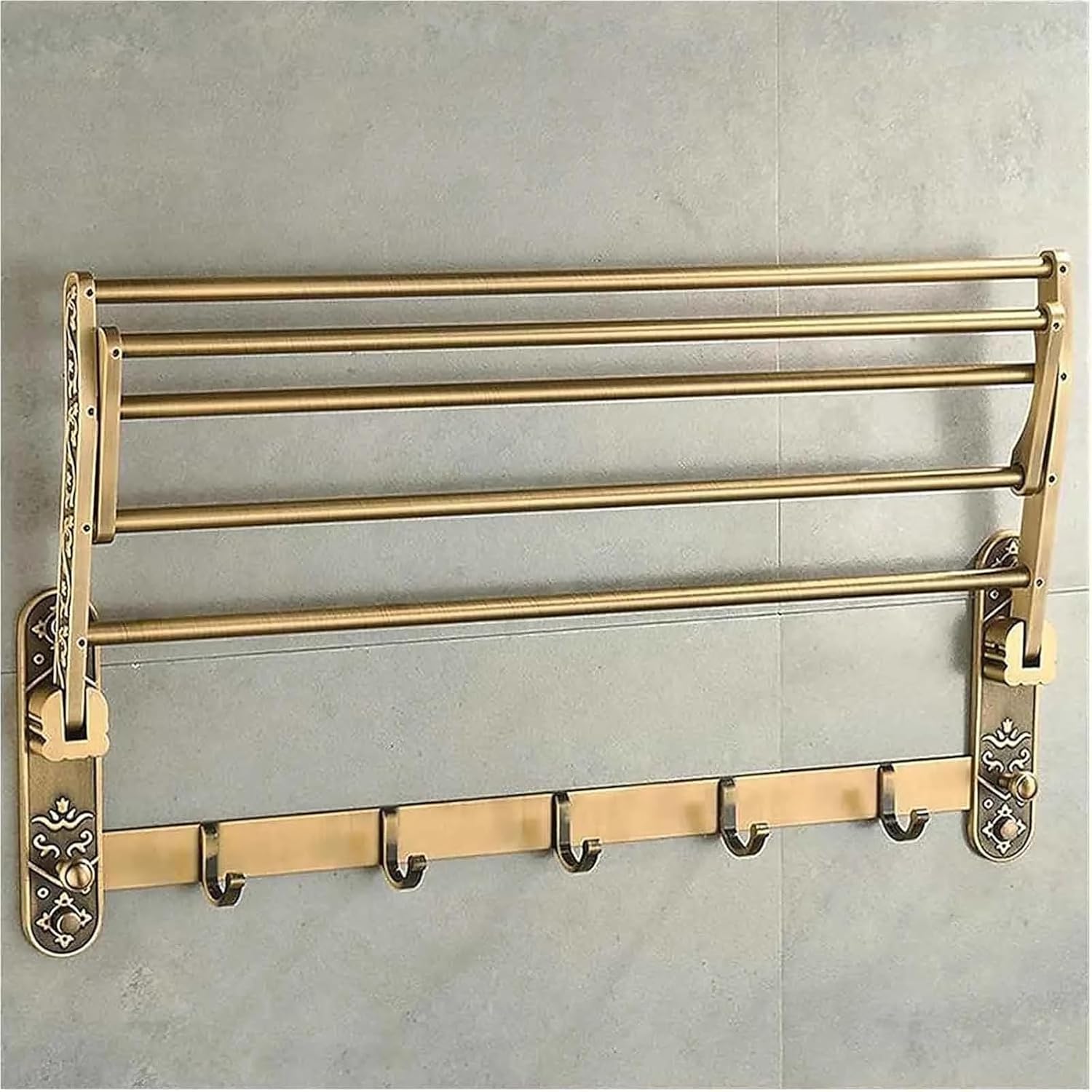 Antique Brass Towel Bar for Bathroom, Wall Mounted Vintage Towel Holder with Hooks, Adjustable Aluminum Bathroom Accessories Rack