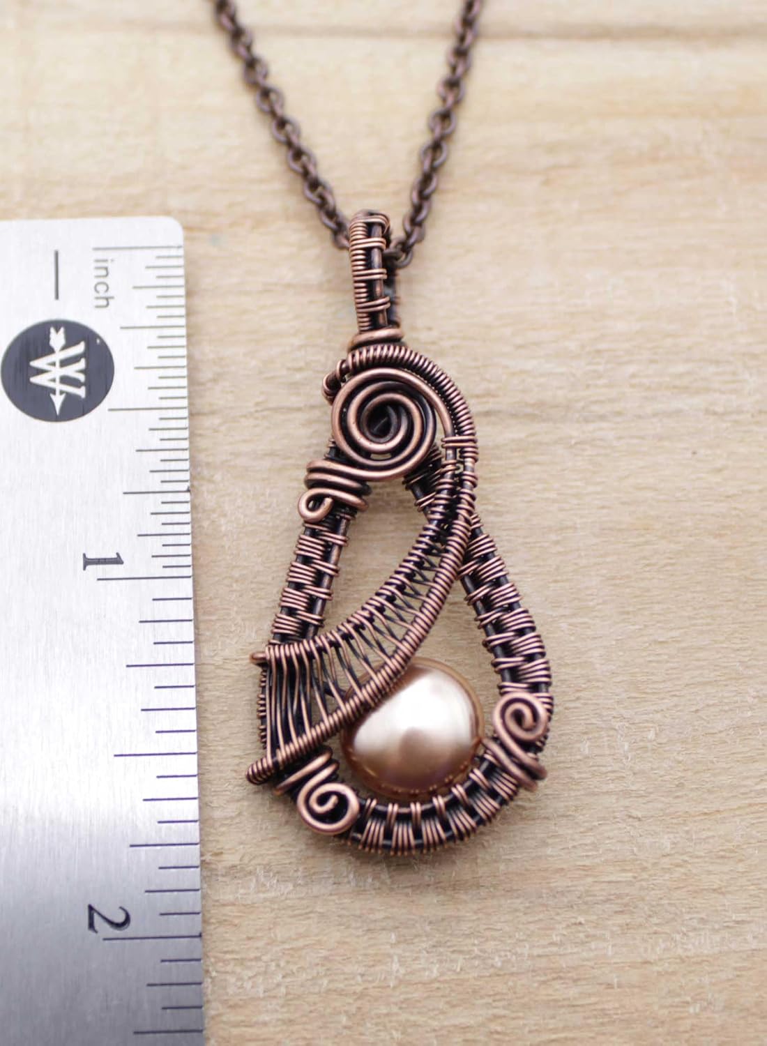 Pillar of Salt Studio Handcrafted Teardrop Pendant Copper Woven Wire Necklace with Simulated Pearl (22" Chain)