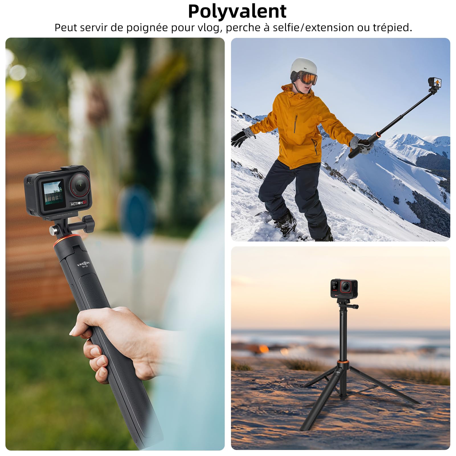 Perche à Selfie Telescopique 135 cm avec Trépied Intégré pour GoPro Hero 13/12/11/10/9/Max, DJI Osmo Pocket 4/3, Osmo Action 5 Pro/4, Insta 360 Ace Pro, AKASO EK7000 et Autres Caméra d'action