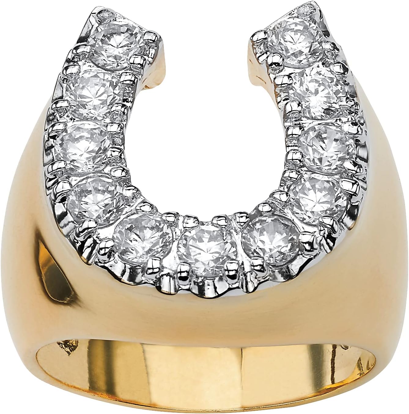 PalmBeach Men's Yellow Gold-Plated Round Cubic Zirconia Lucky Horseshoe Ring Sizes 7-13