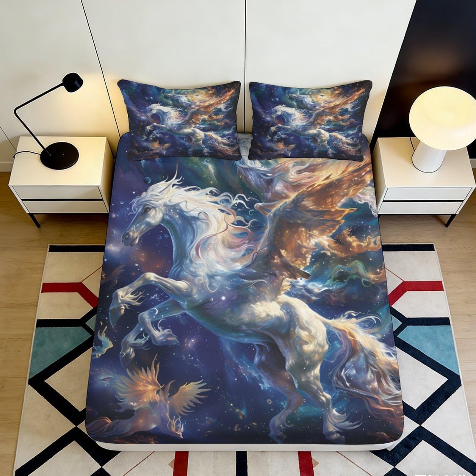 3D Printed White Unicorn Fitted Sheet Microfiber Soft Breathable Fantasy Sky Mattress Cover for Bedroom Guest Room Decor 90x200x25cm