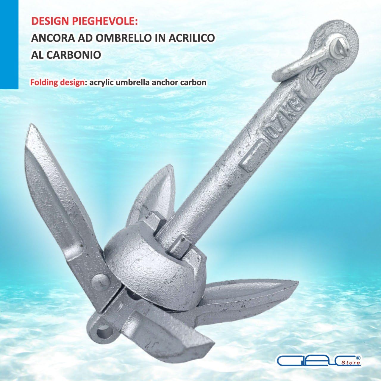 Ancora ad Ombrello Pieghevole in Acciaio AISI 316, 0,7 kg, 160x180 mm, con Cima 8 m e Moschettone, per Pesca e Kayak