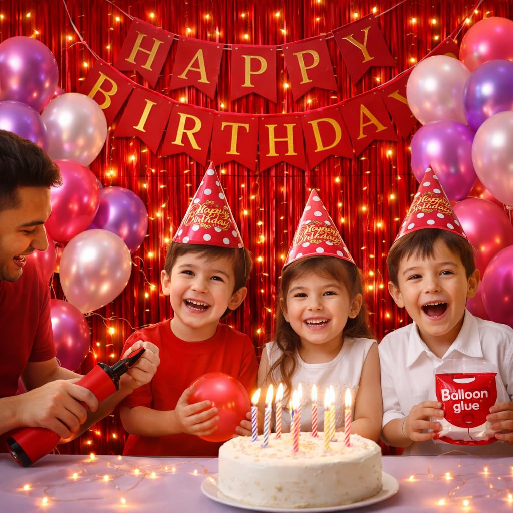 Birthday Decoration Set 72 Pcs | Party Decoration Pack | Happy Bday Decorations Kit | Ballons, Arch, Pump, Glitter Banner, Foil Curtain, Bday Caps, Fairy Light (Classic Red Polka Theme)
