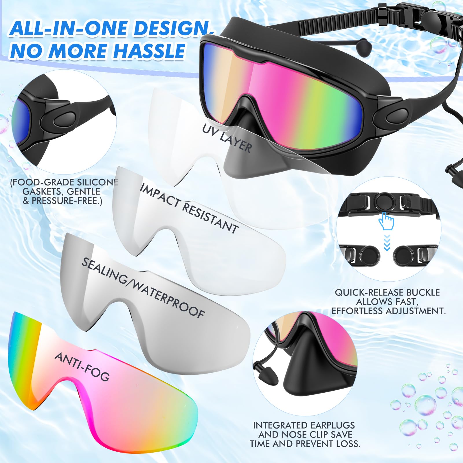 Kanayu Paquete de 2 gafas de natación con cubierta para la nariz, tapones para los oídos para adultos, visión amplia, antivaho, gafas de natación UV, sin fugas, máscara de buceo para hombres y mujeres