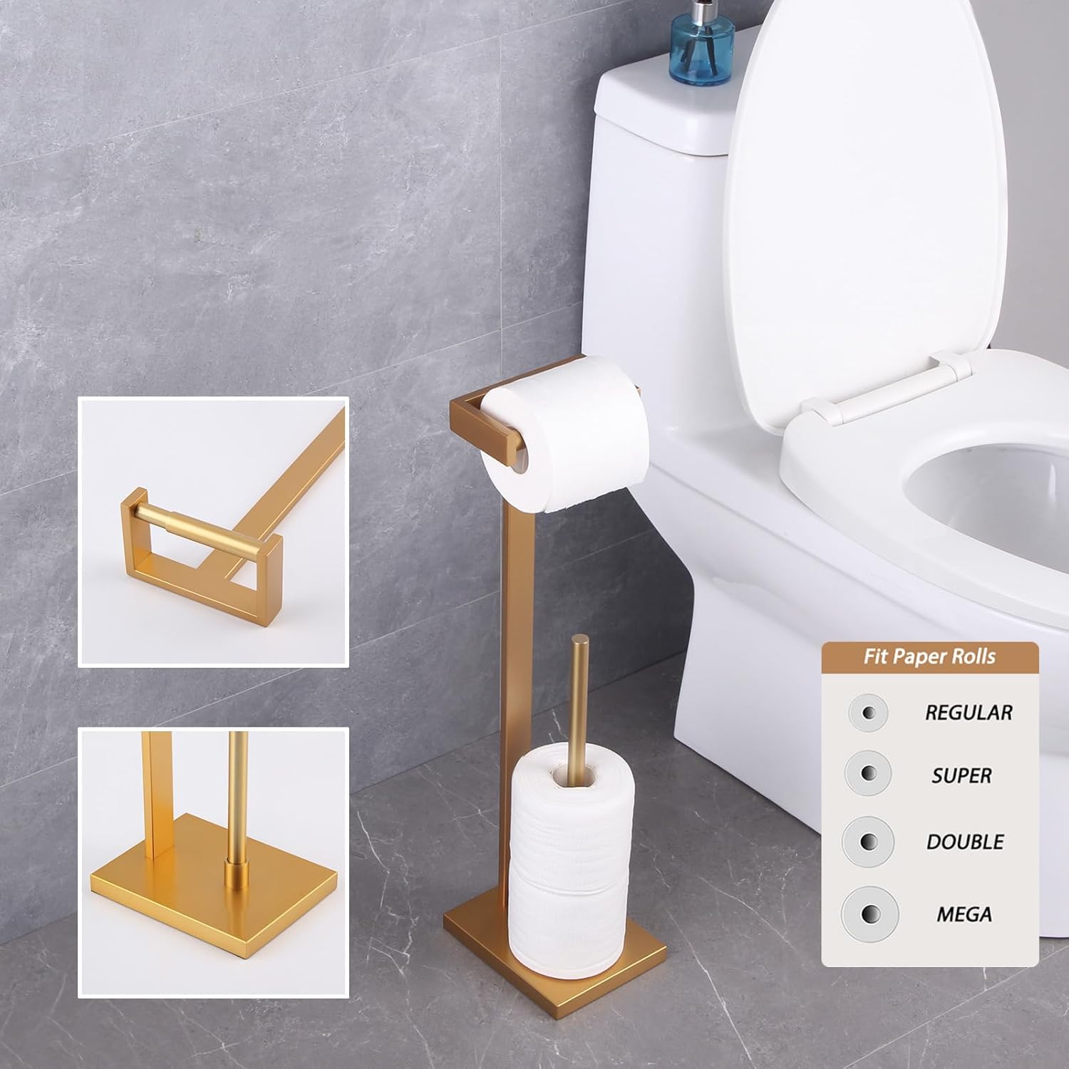 GERZWY Bath Free Standing Toilet Paper Holder Gold Stainless Steel Tissue Paper Roll Holder DZY005-BE