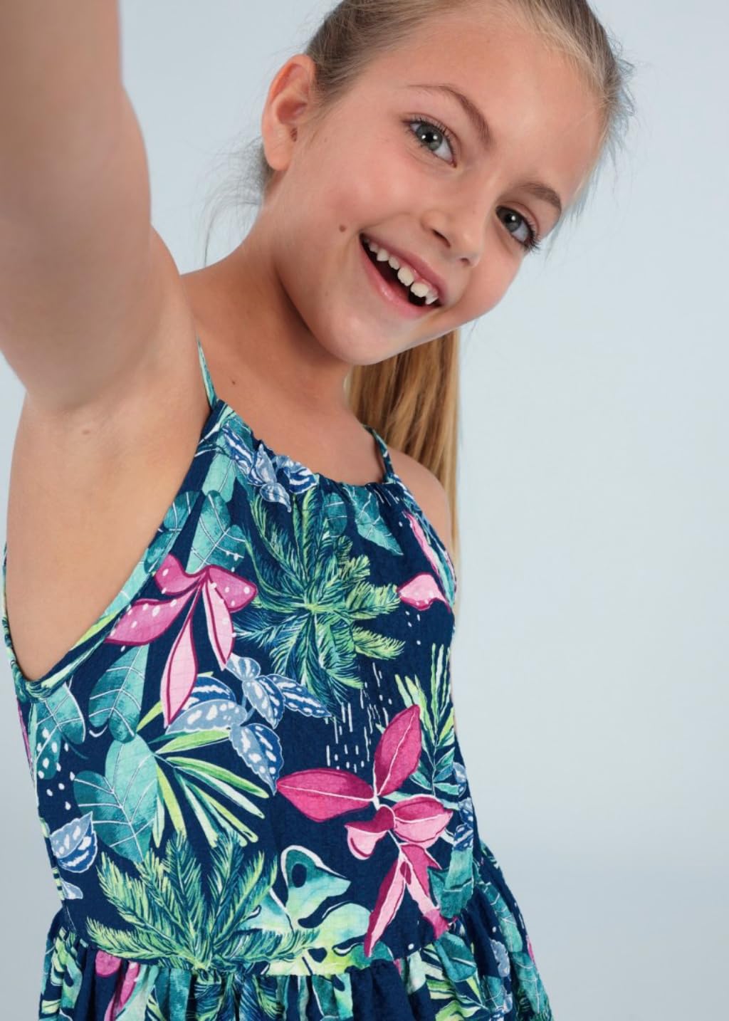 Mayoral Sommerkleid für Mädchen, mit Trägern, tropischer Druck, Blätter und Blumen, lässig, leicht, für Sommer und Meer